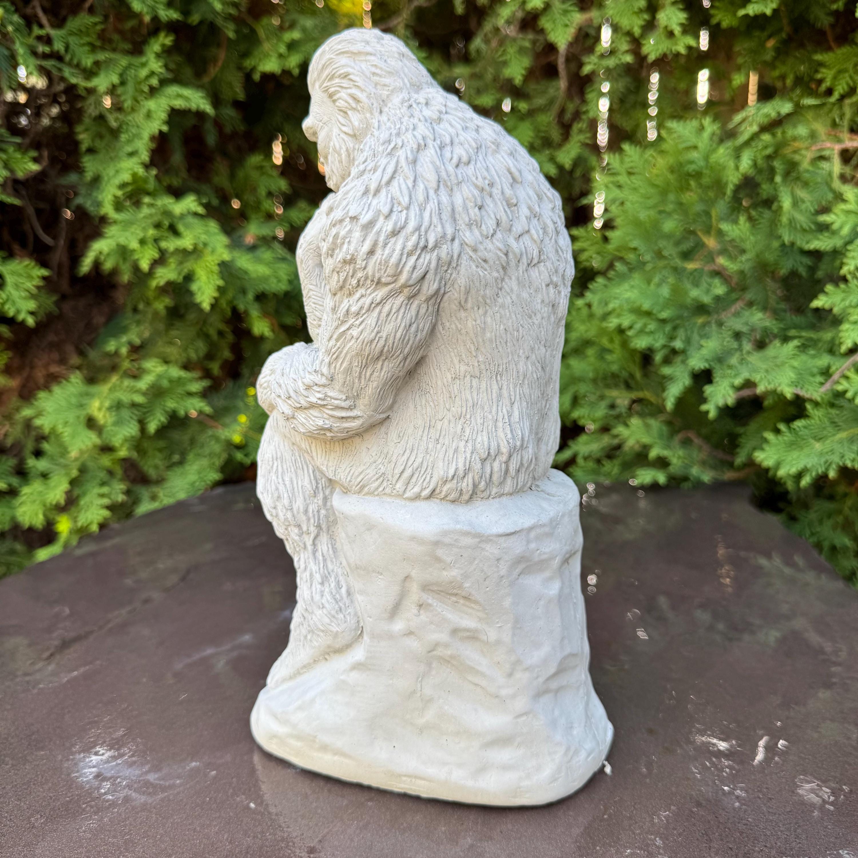 Concrete Bigfoot Statue: 12" Sitting Yeti Garden Sculpture in Thinker Pose, Outdoor Decor