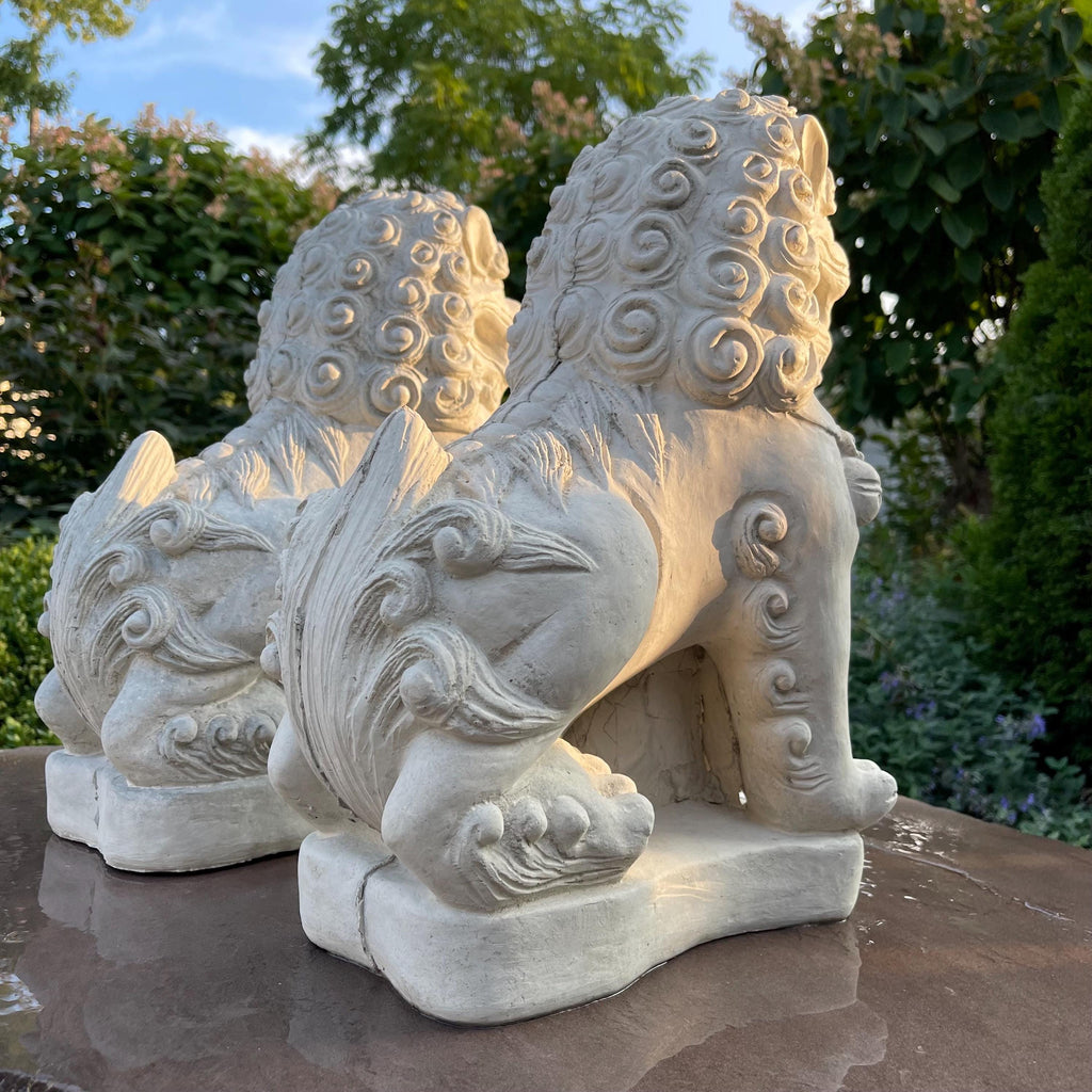 15.5 Concrete Foo Dog Statue Pair Male Female Feng Shui Garden Guardians Protection Outdoor Decor