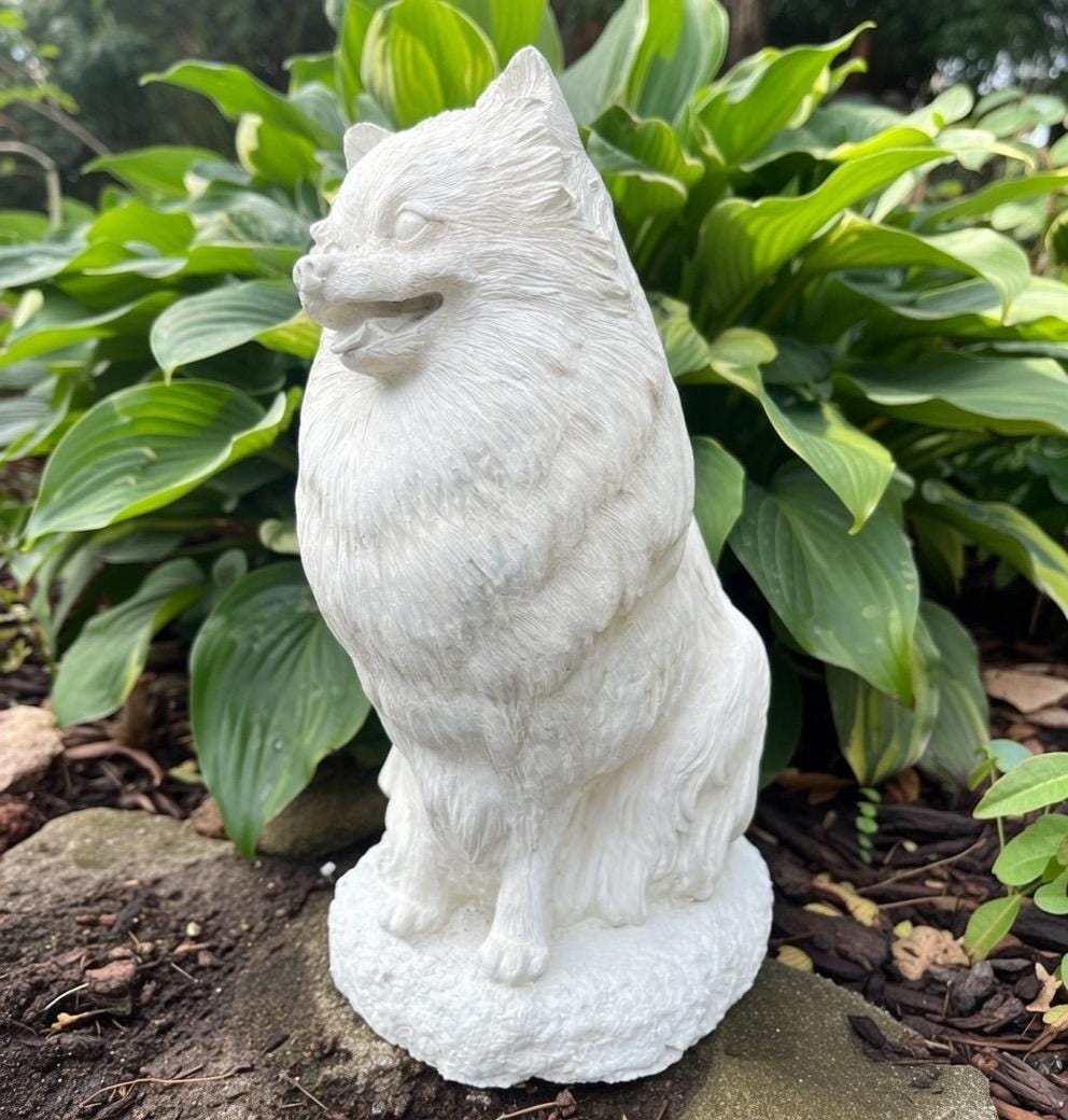 Concrete Pomeranian Garden Statue 10" Handmade Dog Memorial Sculpture Pet Loss Gift Yard Decor