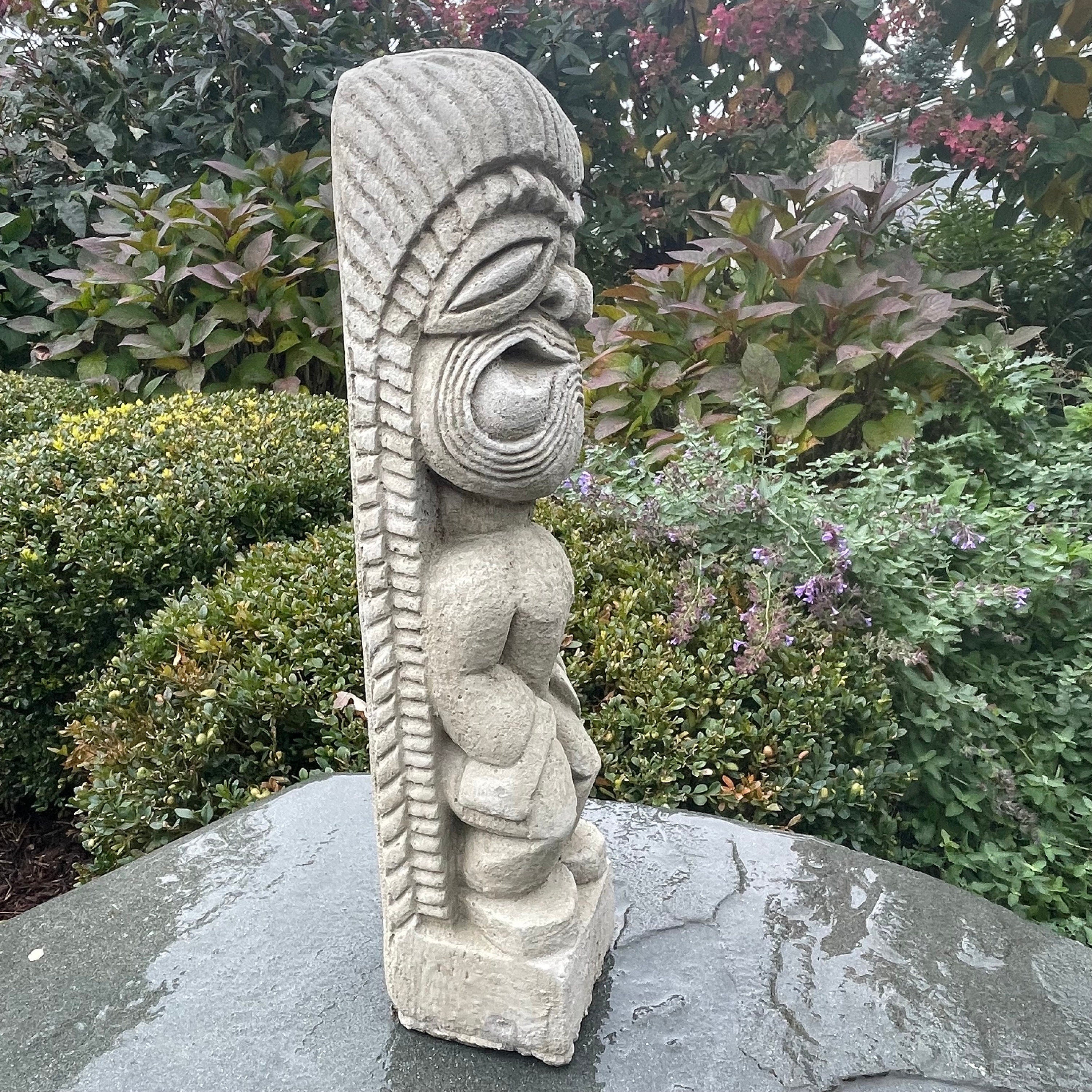 Tiki Garden Statue 15.5" Carved Concrete Polynesian Totem Pole Patio Bar Decor Yard Art Lawn Ornament Sculpture