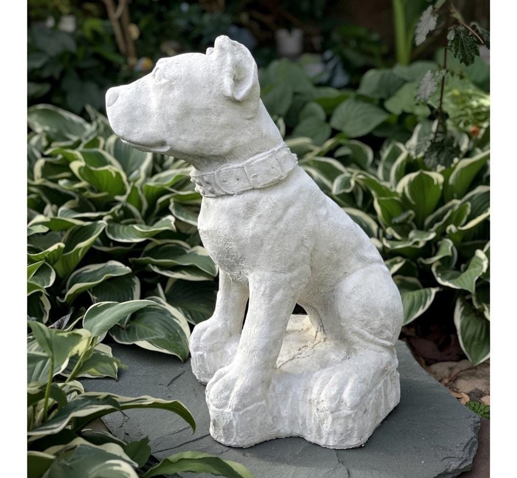 Concrete Pitbull Garden Statue 12.5" Outdoor Dog Sculpture Yard Art Memorial Decor