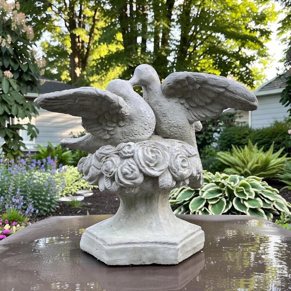 Kissing Doves Concrete Fountain Top 14" Love Birds Cement Fountain Topper