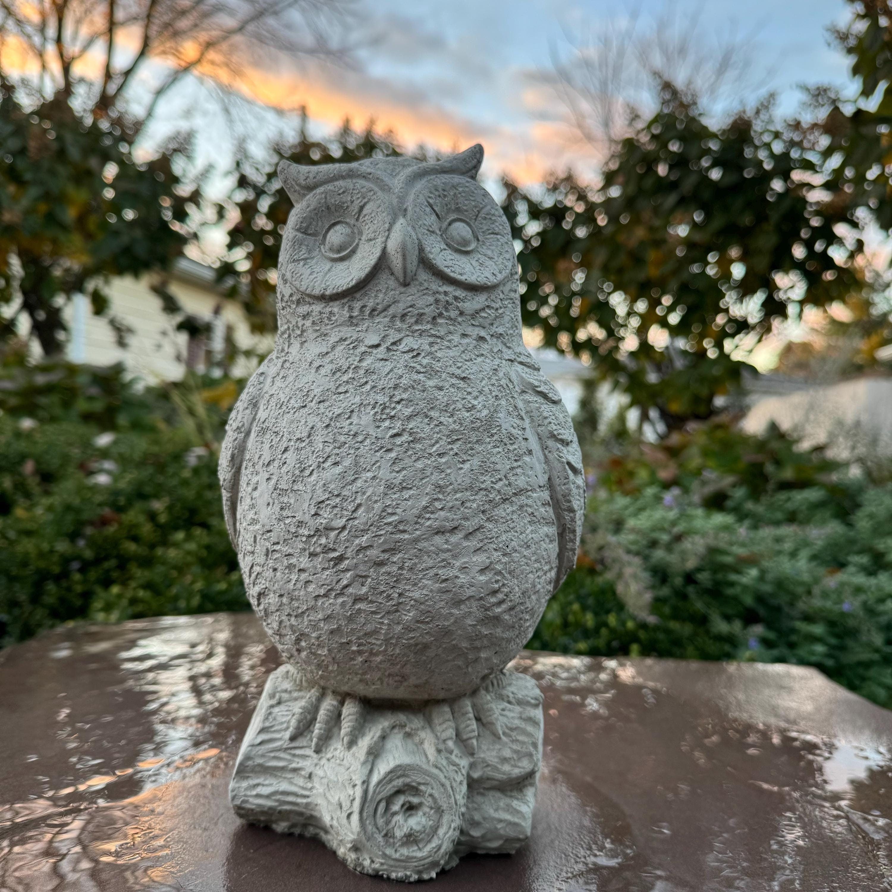 Rustic Owl Garden Statue 11" Concrete Outdoor Bird Sculpture Yard Art Lawn Ornament