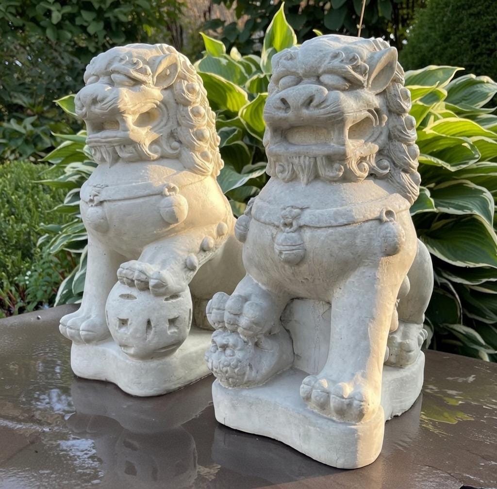 15.5 Concrete Foo Dog Statue Pair Male Female Feng Shui Garden Guardians Protection Outdoor Decor