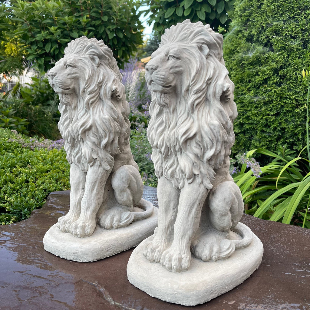 Concrete Lion Statues 16.5 Inch Garden Guardians Matched Pair Cement Sculptures Yard Decor Outdoor Ornaments