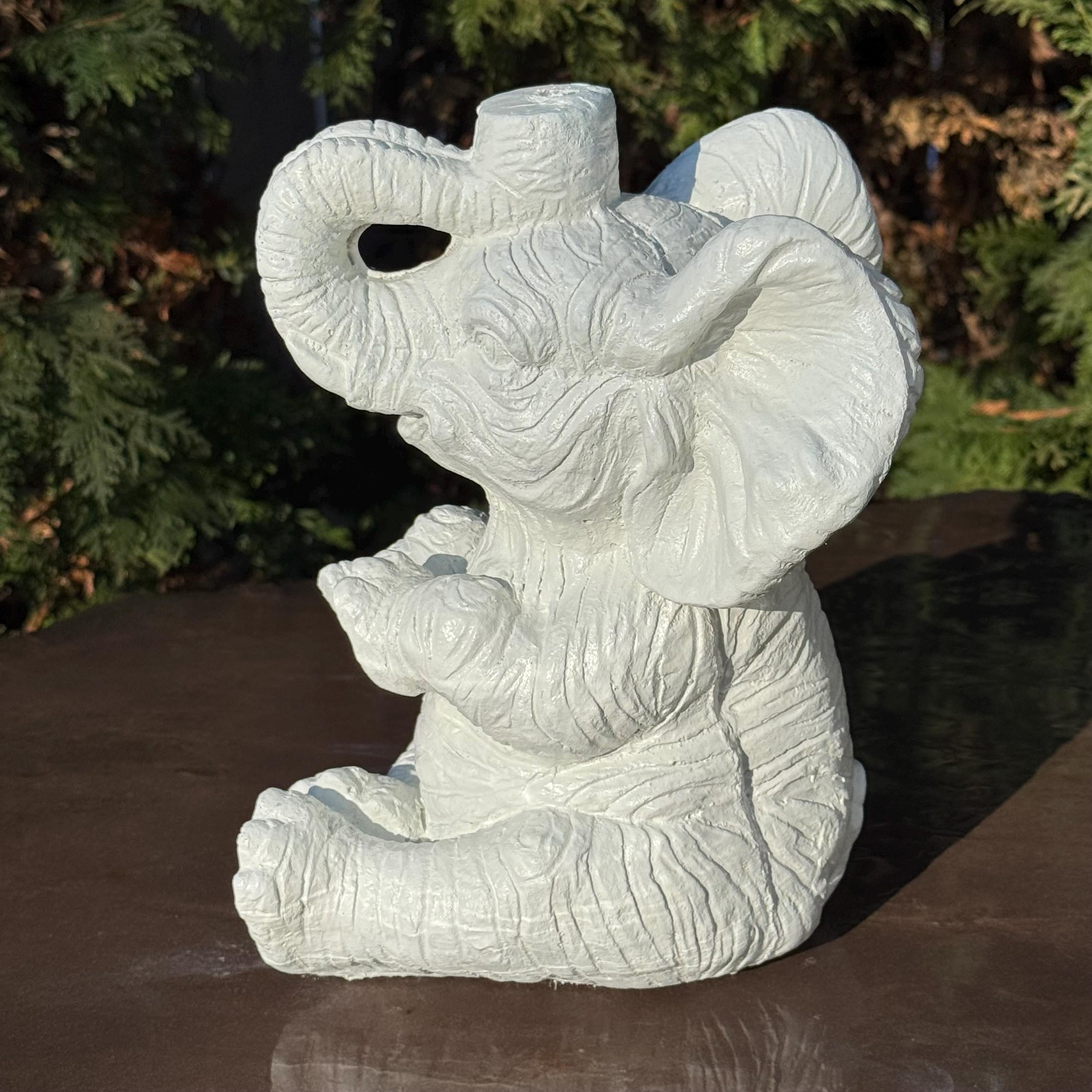 Concrete Elephant Garden Fountain Spout - 10 Inch Painted Water Feature Outdoor Statue Spitter