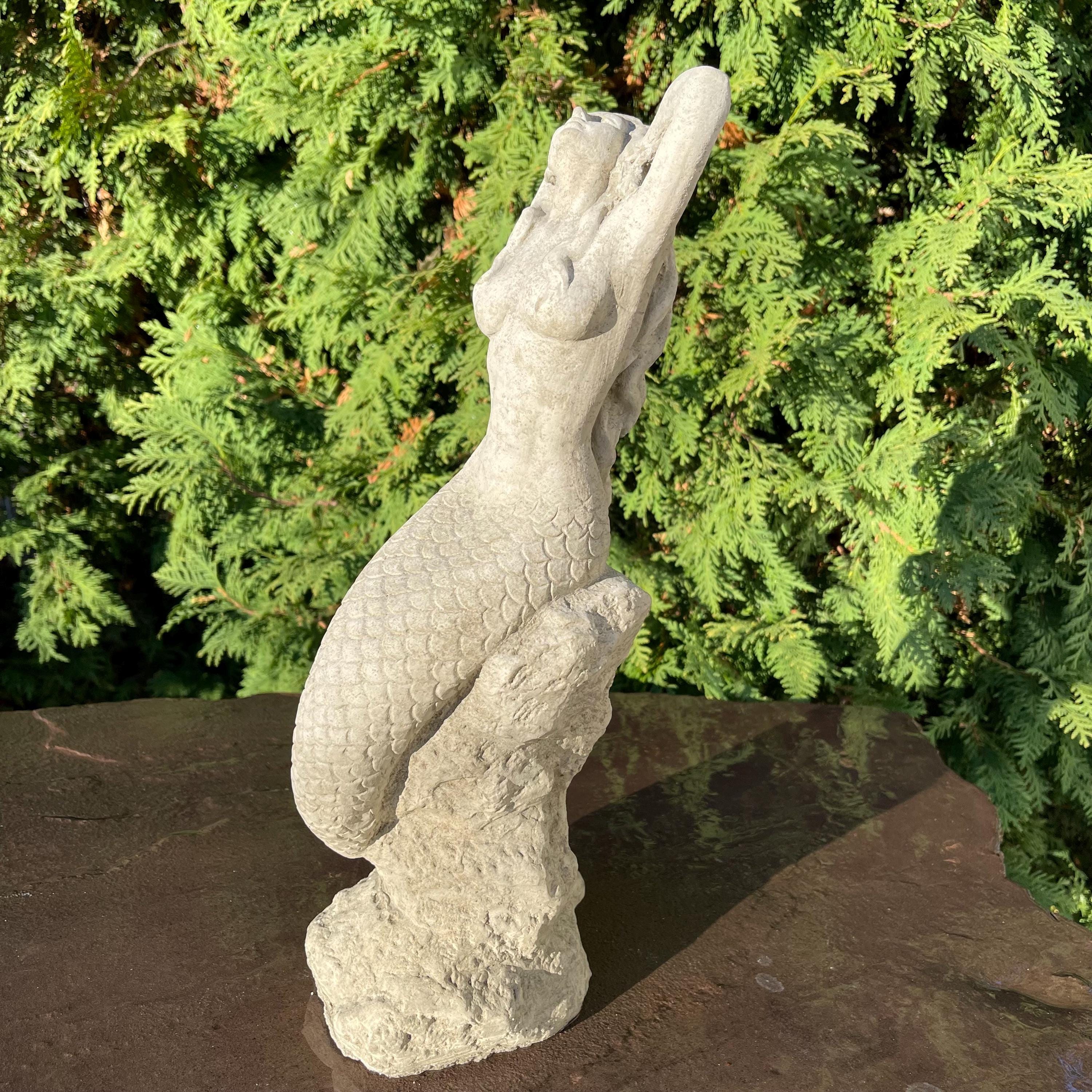 15 inch Concrete Mermaid Sculpture: Coastal Garden Statue Decor Ocean Themed Yard Art Lawn Ornament Gift