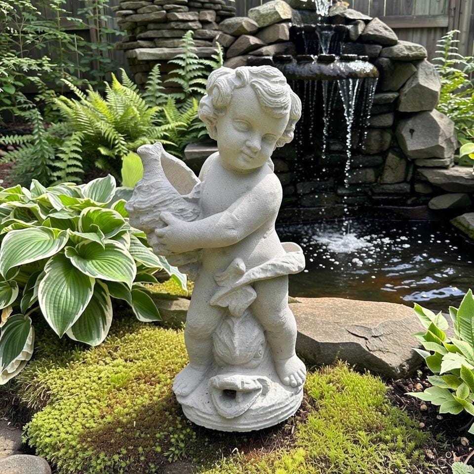 20" Concrete Boy Nautilus Fountain Top Outdoor Garden Pond Statue Water Spitter Topper