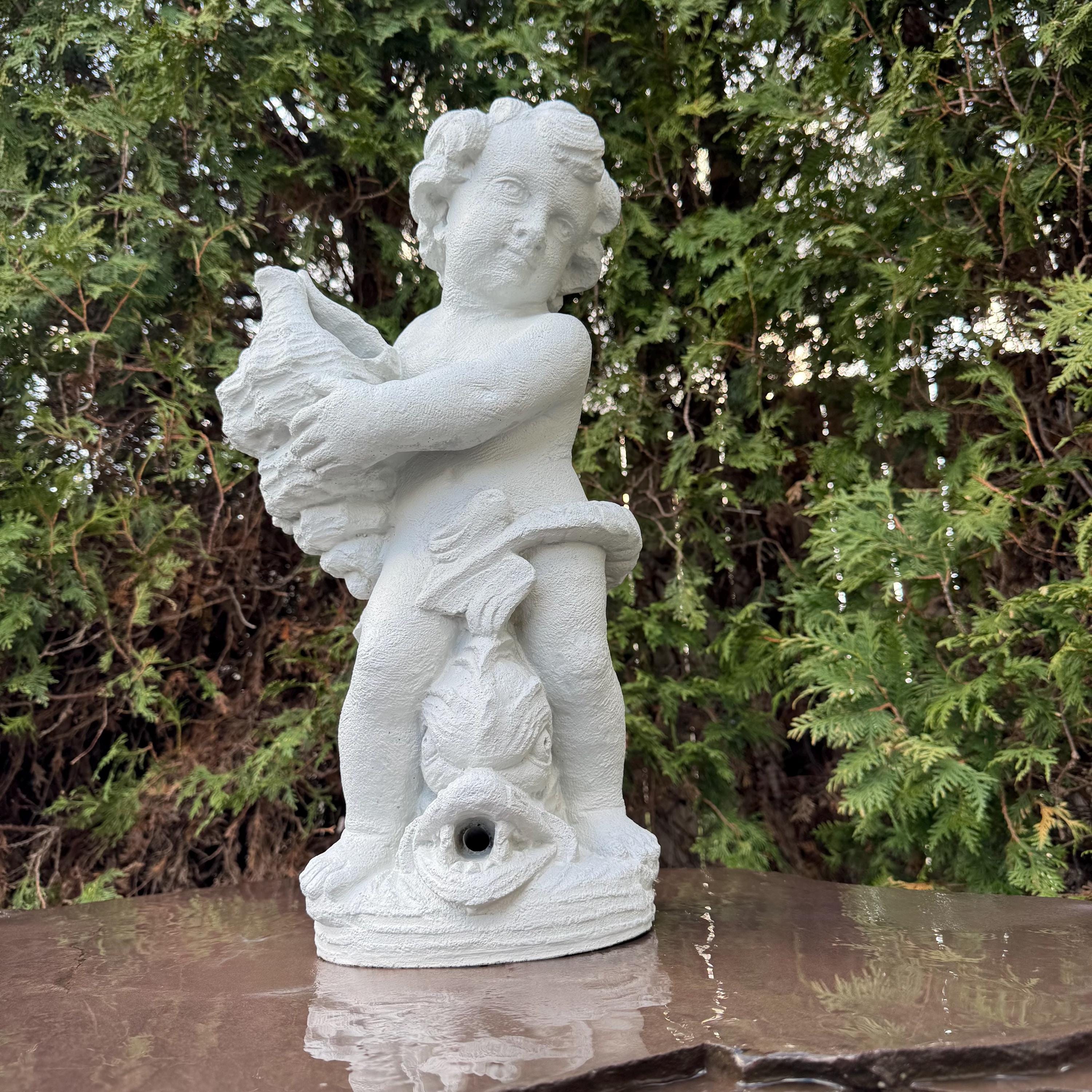 20" Concrete Boy Nautilus Fountain Top Outdoor Garden Pond Statue Water Spitter Topper