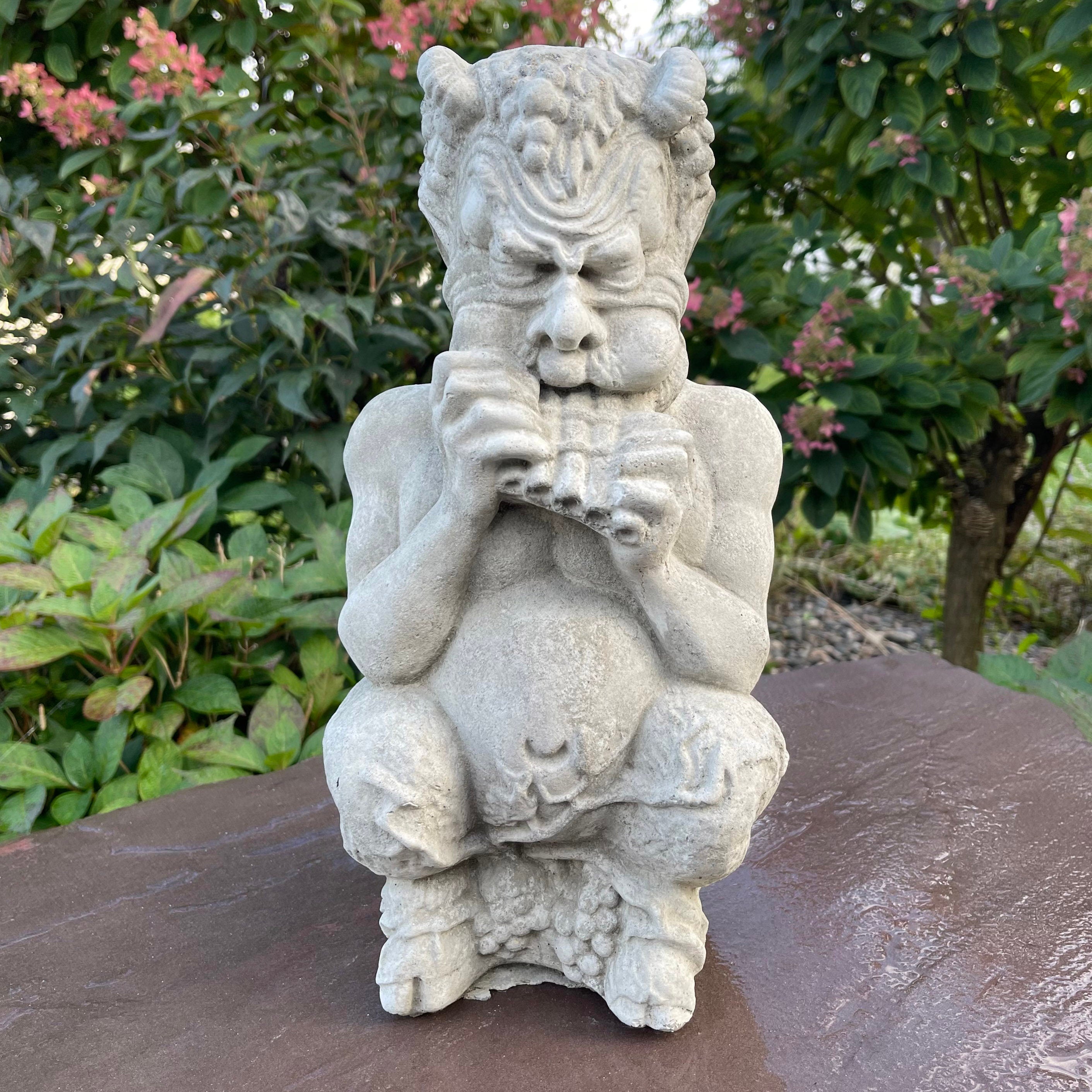 Concrete Pan Garden Statue 14 inch Mythical Satyr Sculpture Flute Player Yard Art Greek Mythology Lawn Ornament