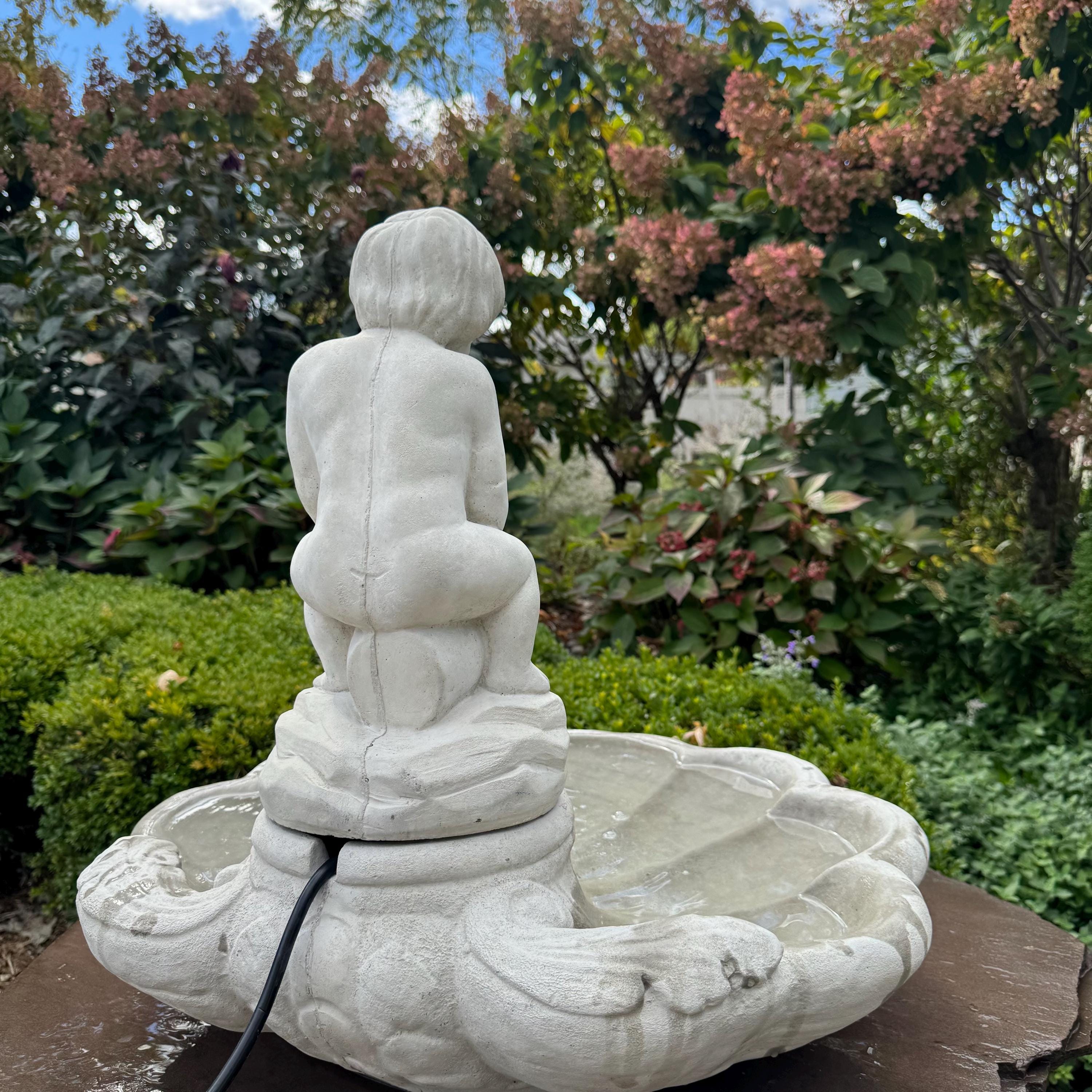 23" Concrete Shell Bowl Fountain Boy Jar Statue Outdoor Garden Water Feature