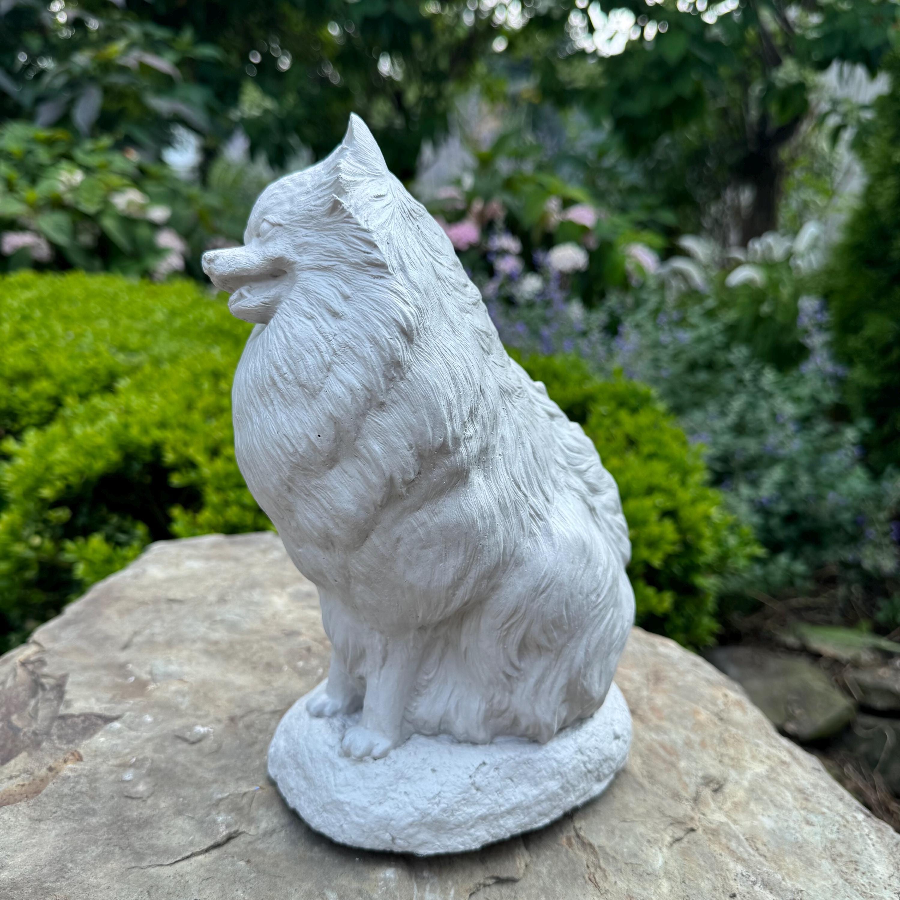 10 Inch Pomeranian Garden Statue: Hand Painted Cement Dog Memorial Sculpture Outdoor Yard Decor Gift