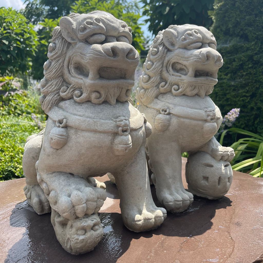 Concrete Foo Dog Statue Pair 14" Male Female Feng Shui Garden Guardians Outdoor Yard Protection Decor
