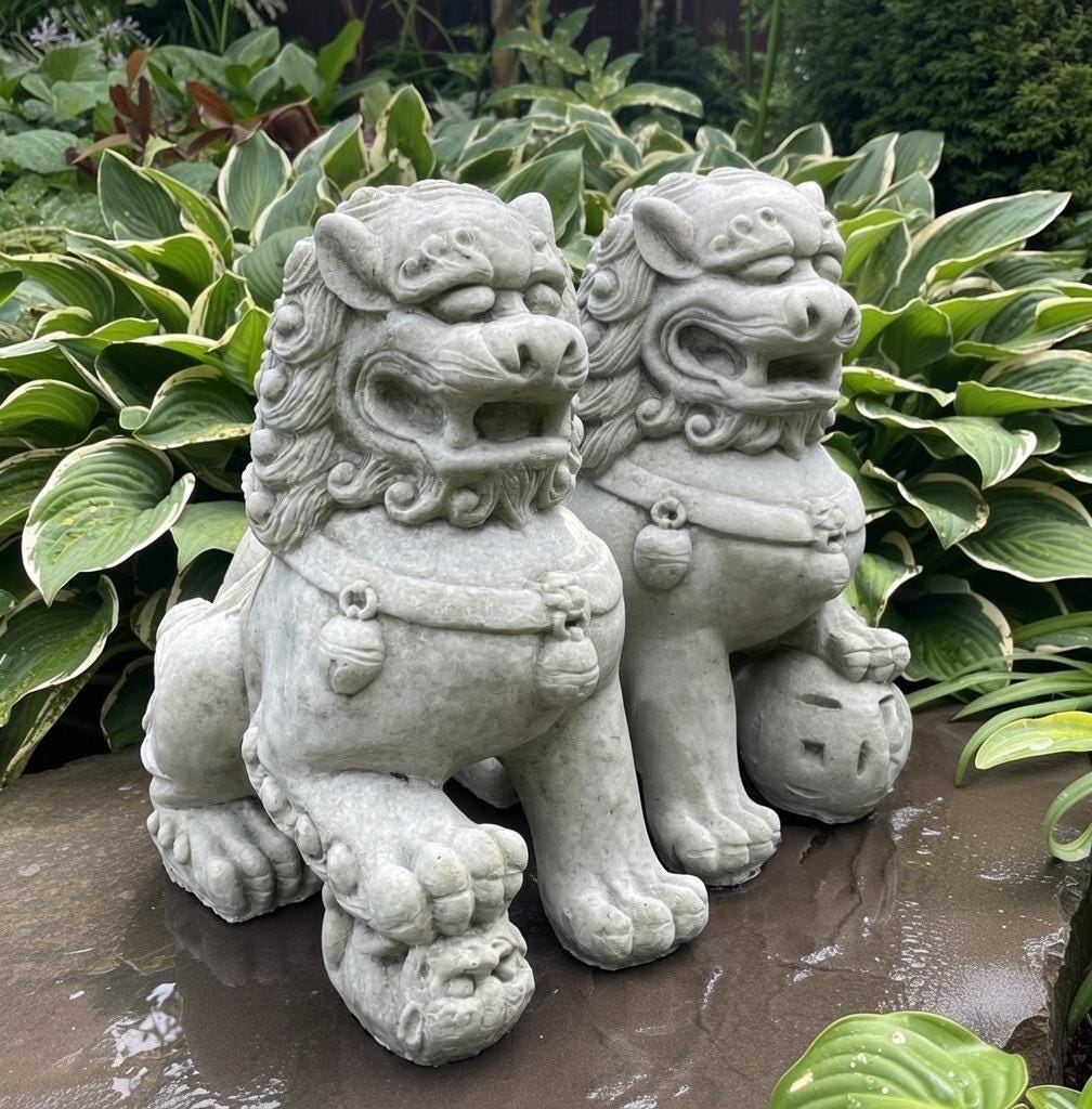 Concrete Foo Dog Statue Pair 14" Male Female Feng Shui Garden Guardians Outdoor Yard Protection Decor