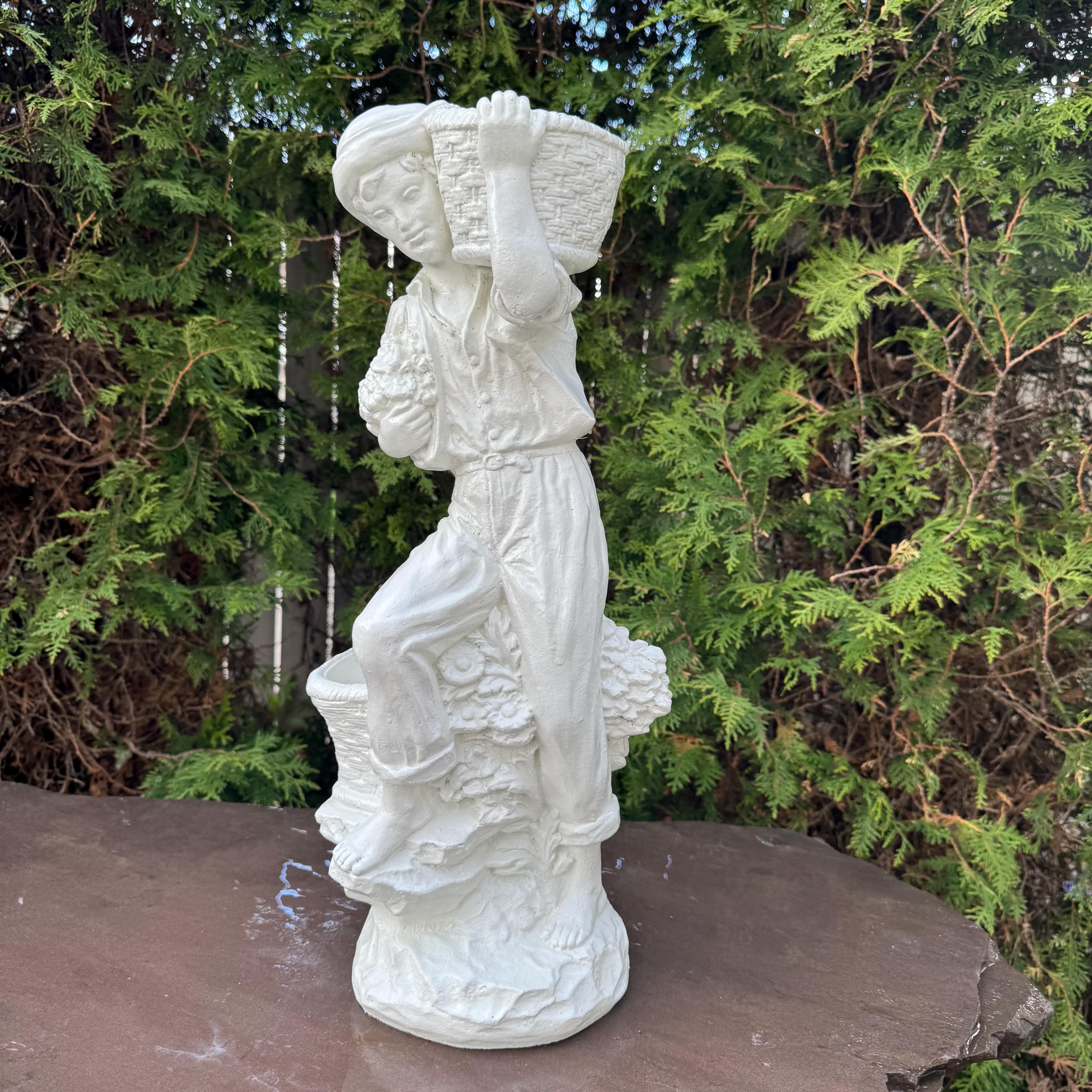 21" Italian Concrete Man Garden Statue: European Style Cement Lawn Ornament Classical Mediterranean Roman Decor