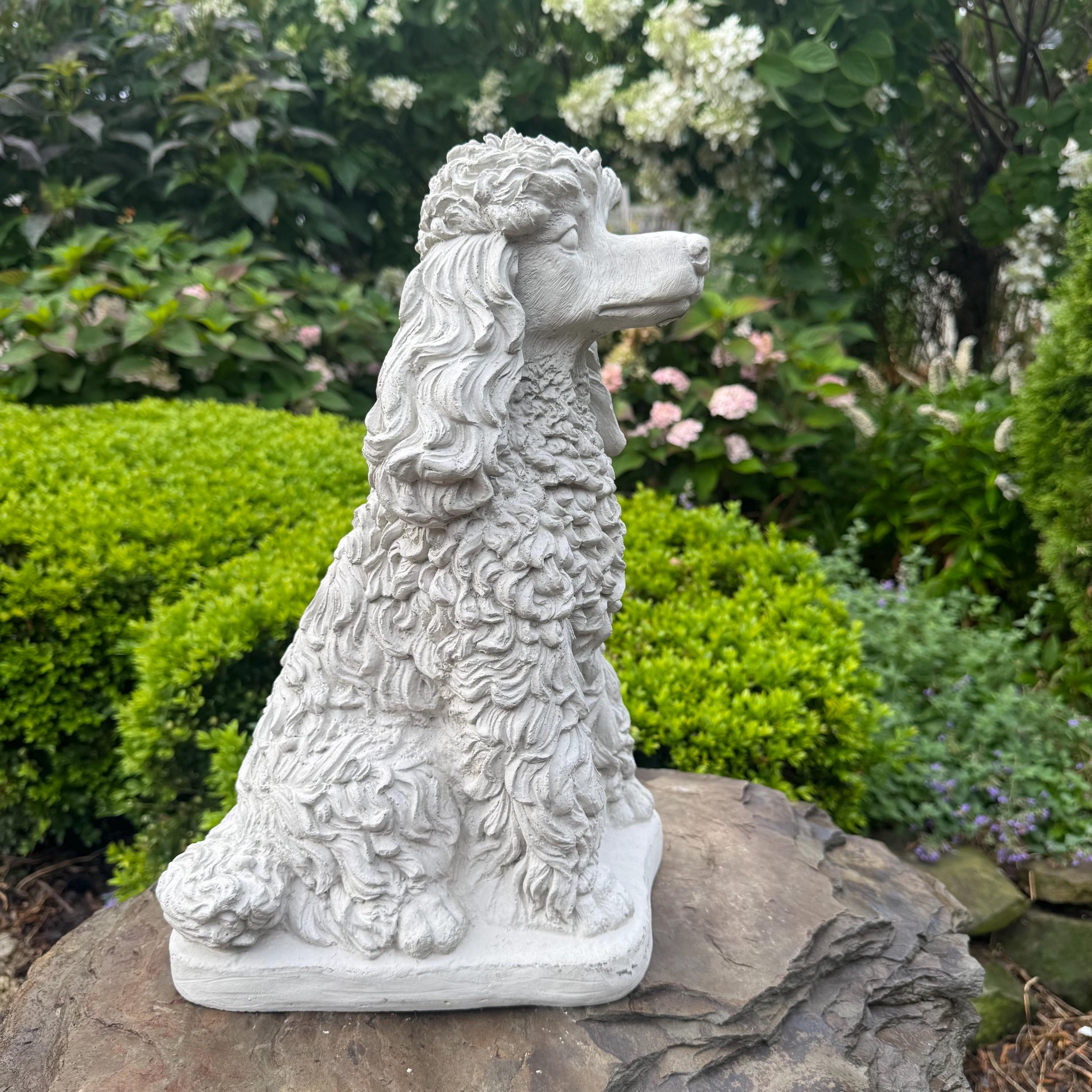Handcrafted Concrete Poodle Garden Memorial Statue, 15 Inch Dog Sculpture
