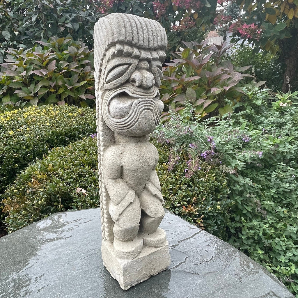 Tiki Tim Garden Statue: 15.5" Cast Stone Polynesian Decor Sculpture for Yard Art Outdoor Ornament