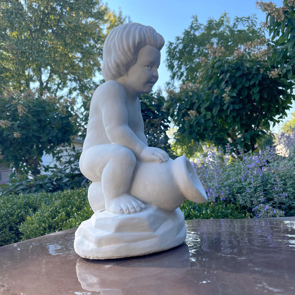 Concrete Boy on Jar Fountain Spitter 15" Outdoor Garden Statue Pond Spout Water Featureq