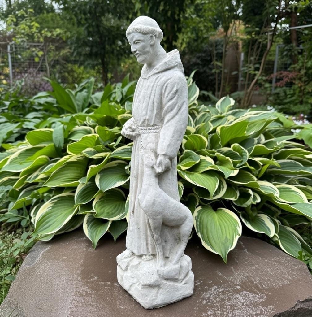 17" Concrete Saint Francis with Deer Statue - Catholic Garden Sculpture Religious Yard Art Ornament Decor