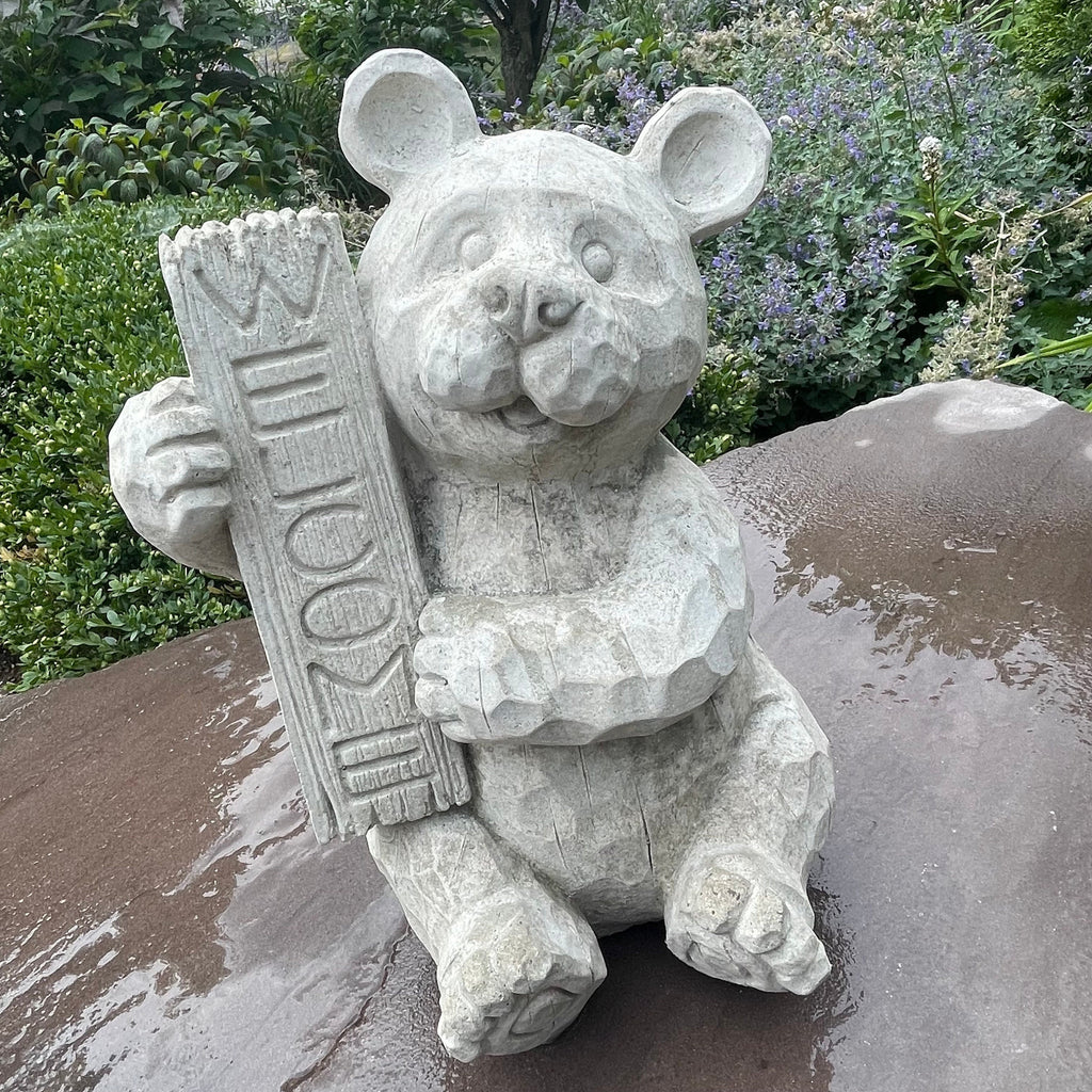 Concrete Garden Bear Statue with Welcome Sign 12 Inch Sitting Sculpture Yard Decor Lawn Ornament Animal Art Gift