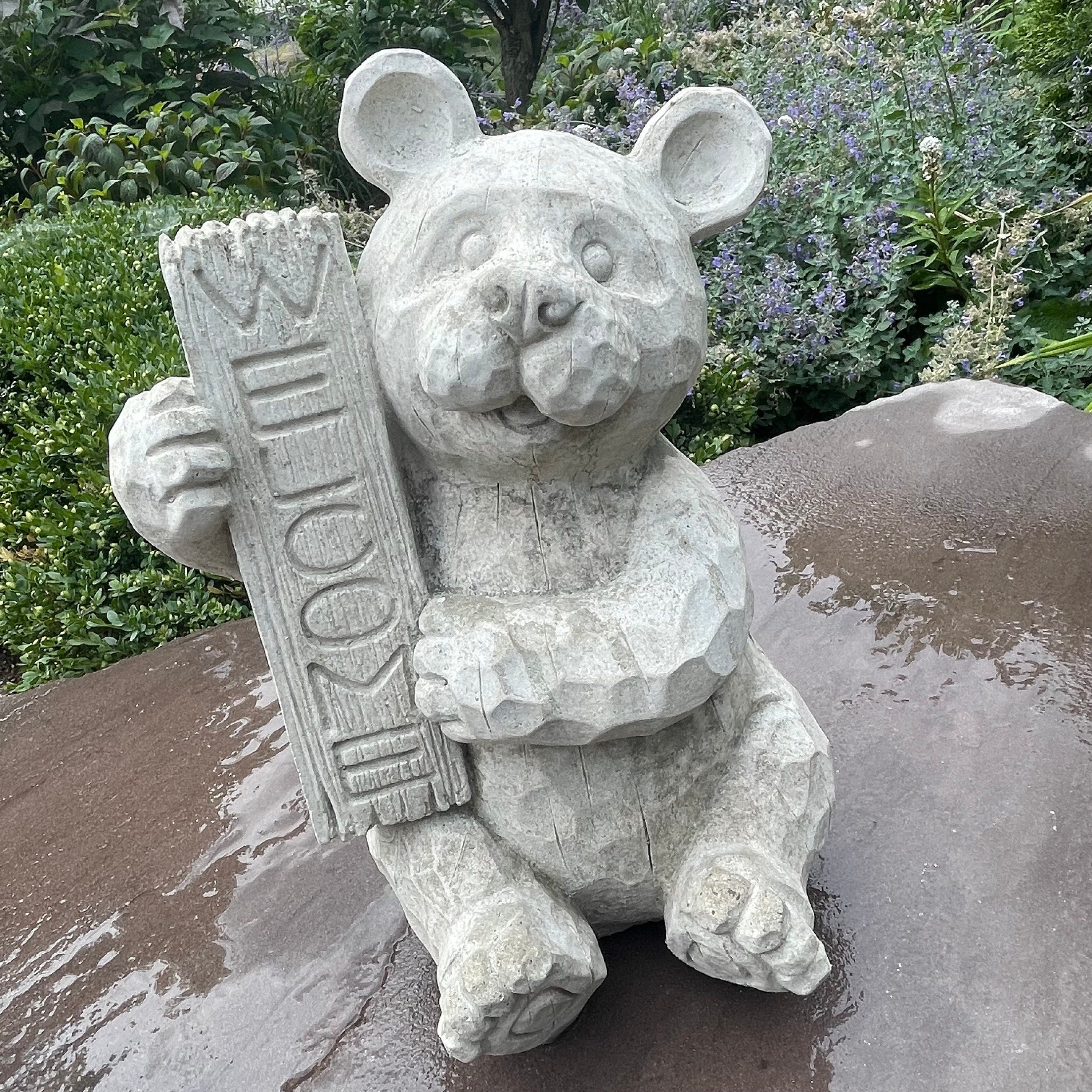 Concrete Garden Bear Statue with Welcome Sign 12 Inch Sitting Sculpture Yard Decor Lawn Ornament Animal Art Gift