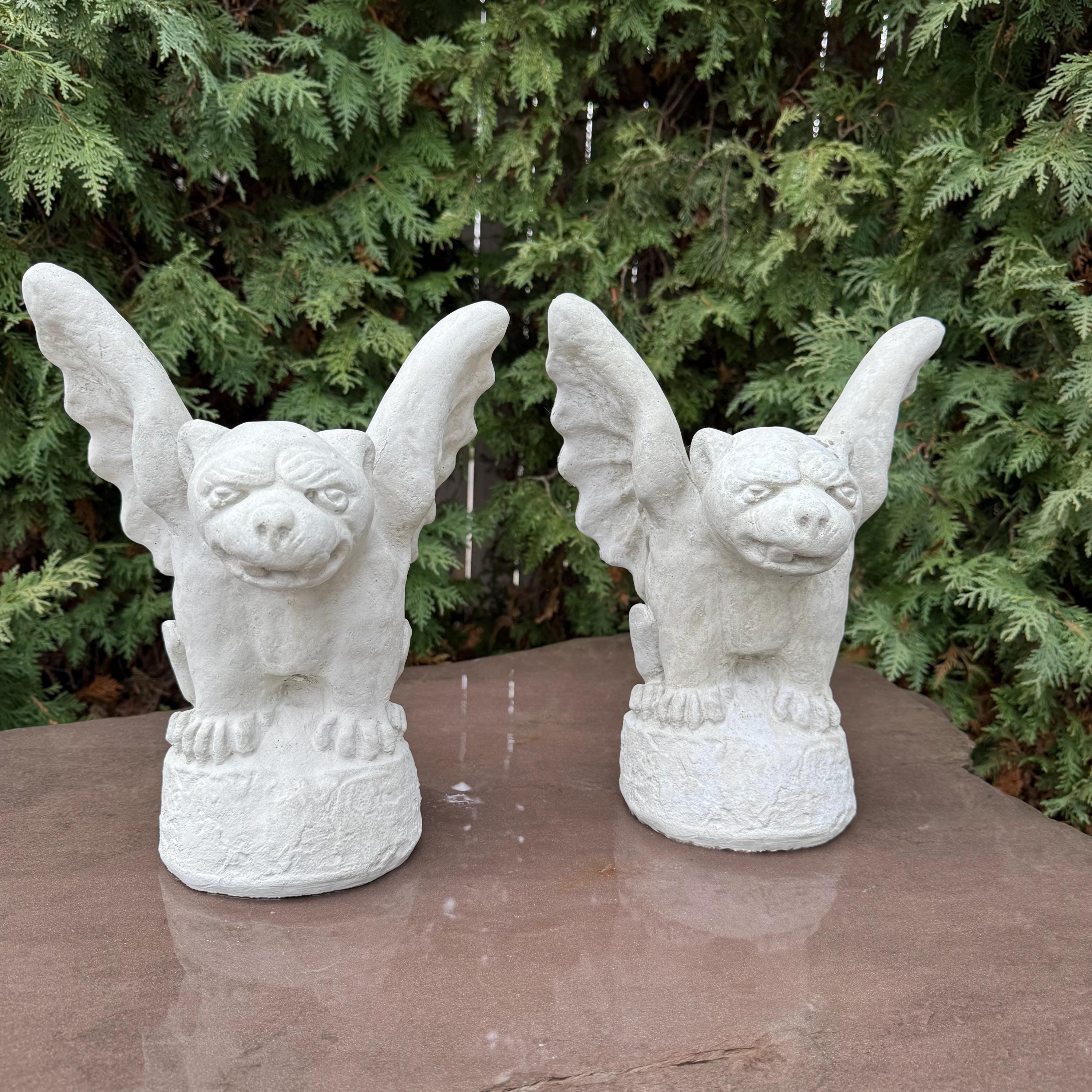Gothic Gargoyle Garden Statue Pair 13" Concrete Halloween Yard Decor Winged Sculpture Ornament Gift