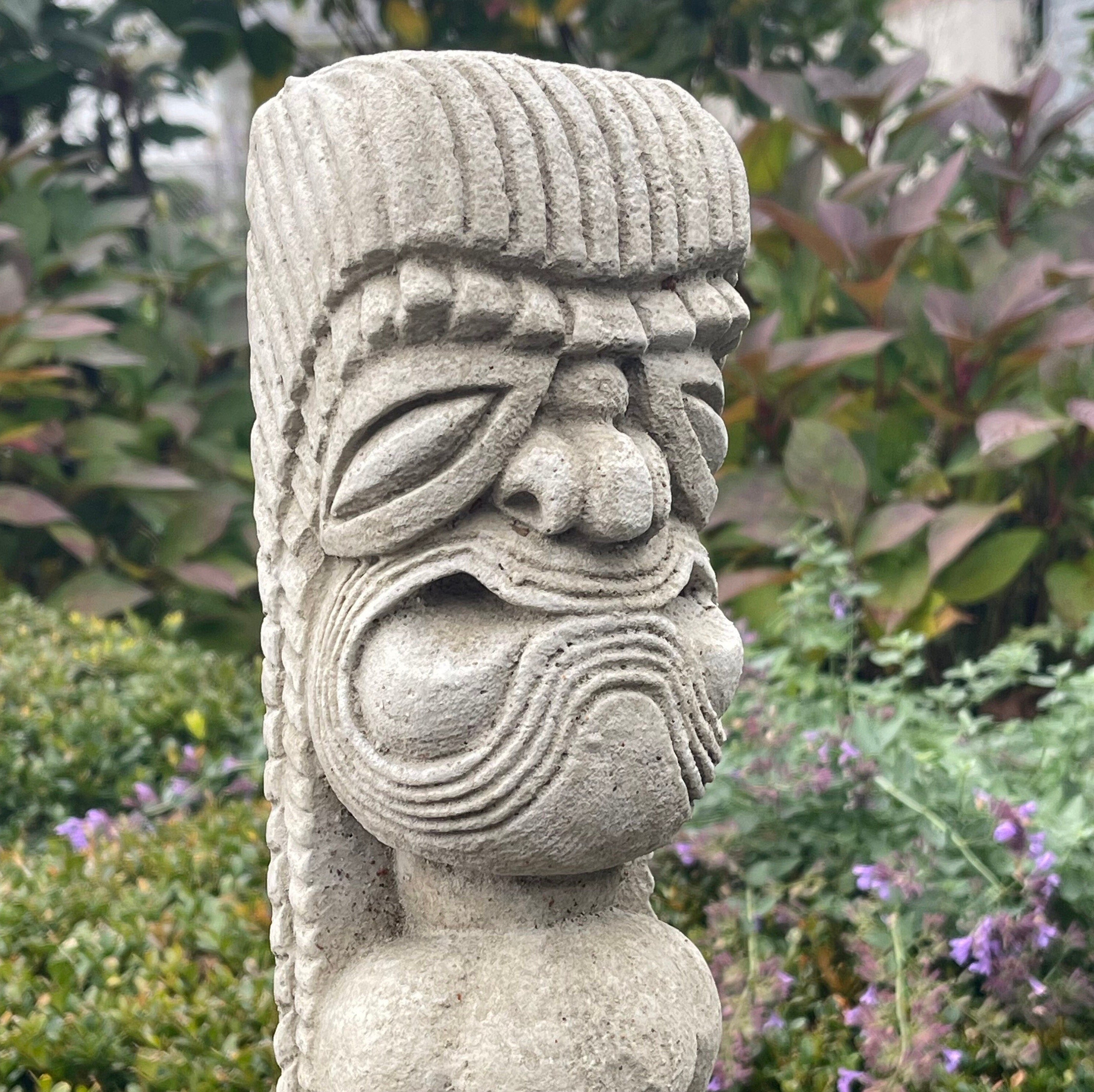 Tiki Garden Statue 15.5" Carved Concrete Polynesian Totem Pole Patio Bar Decor Yard Art Lawn Ornament Sculpture