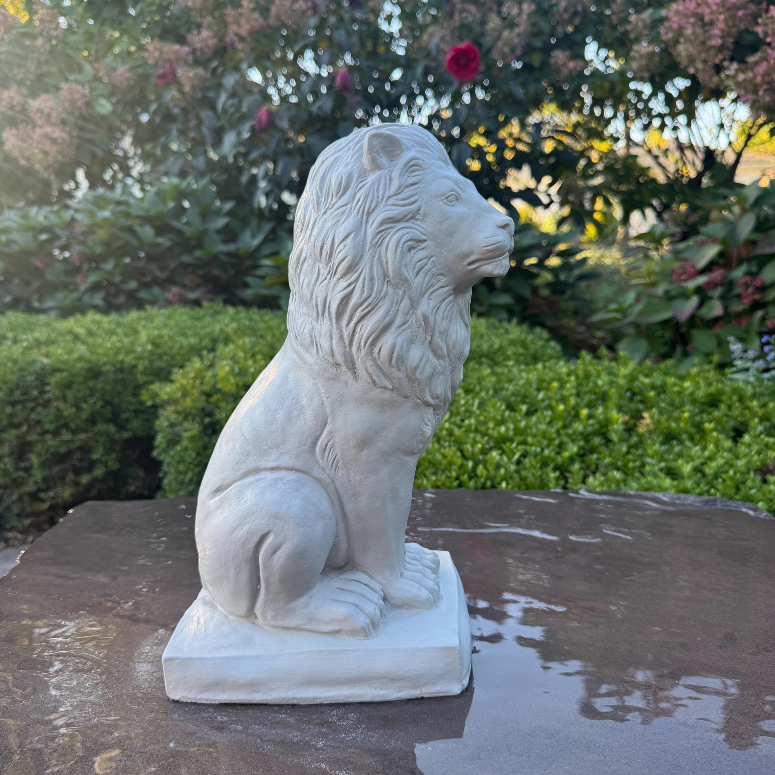13.5" Sitting Concrete Lion Statue - Garden Sculpture Outdoor Lawn Ornament Animal Figure Decor