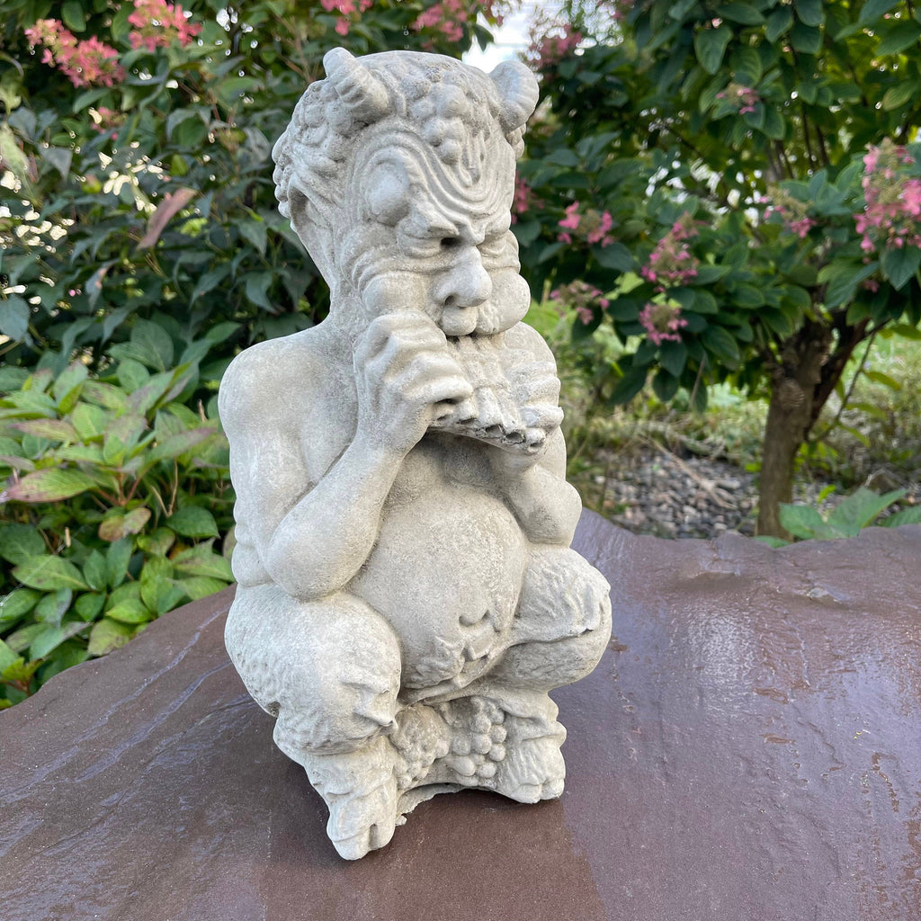 Concrete Pan Garden Statue 14 inch Mythical Satyr Sculpture Flute Player Yard Art Greek Mythology Lawn Ornament