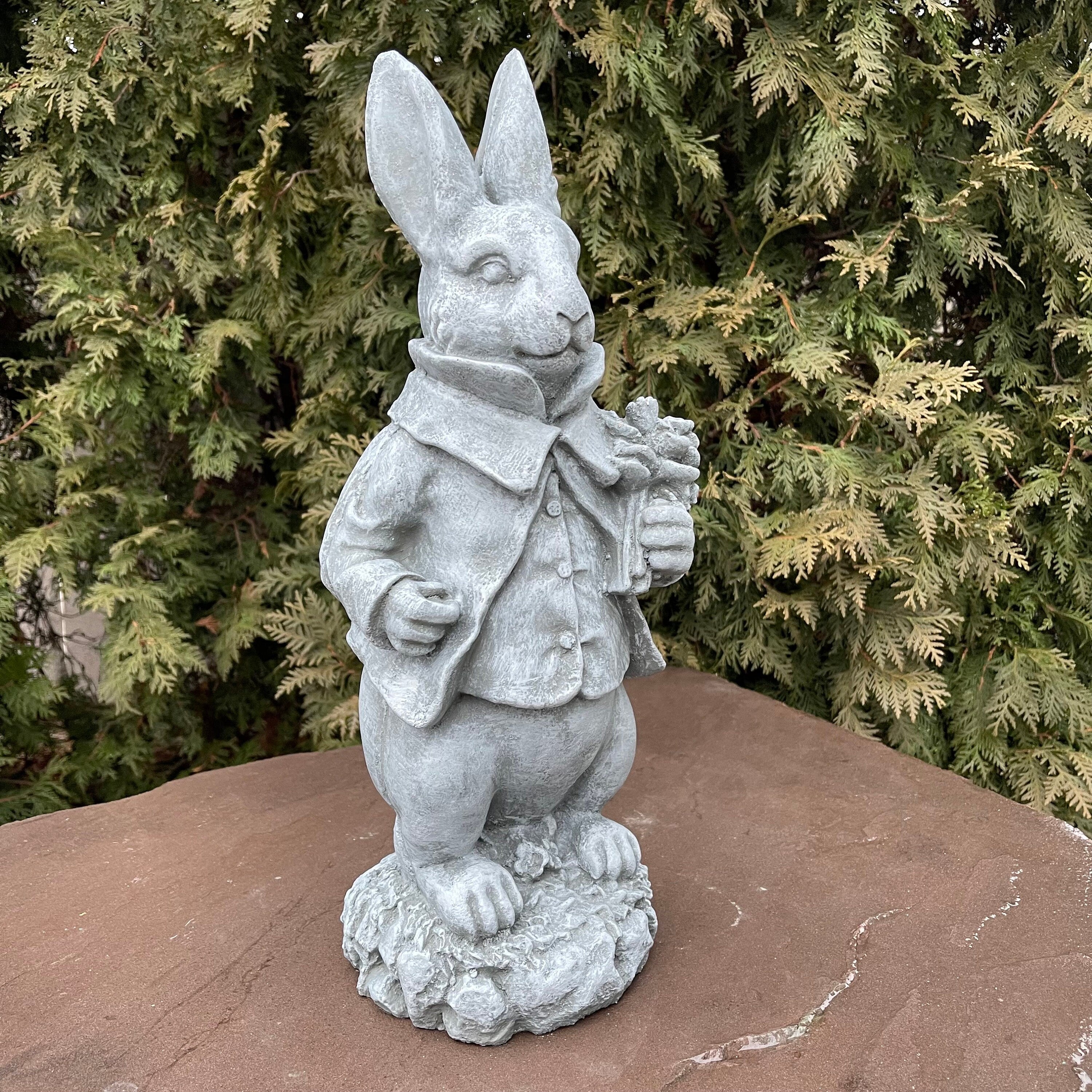 Large Concrete Rabbit Statue 16 Inch Modern Garden Bunny Sculpture with Flowers Yard Art Lawn Ornament