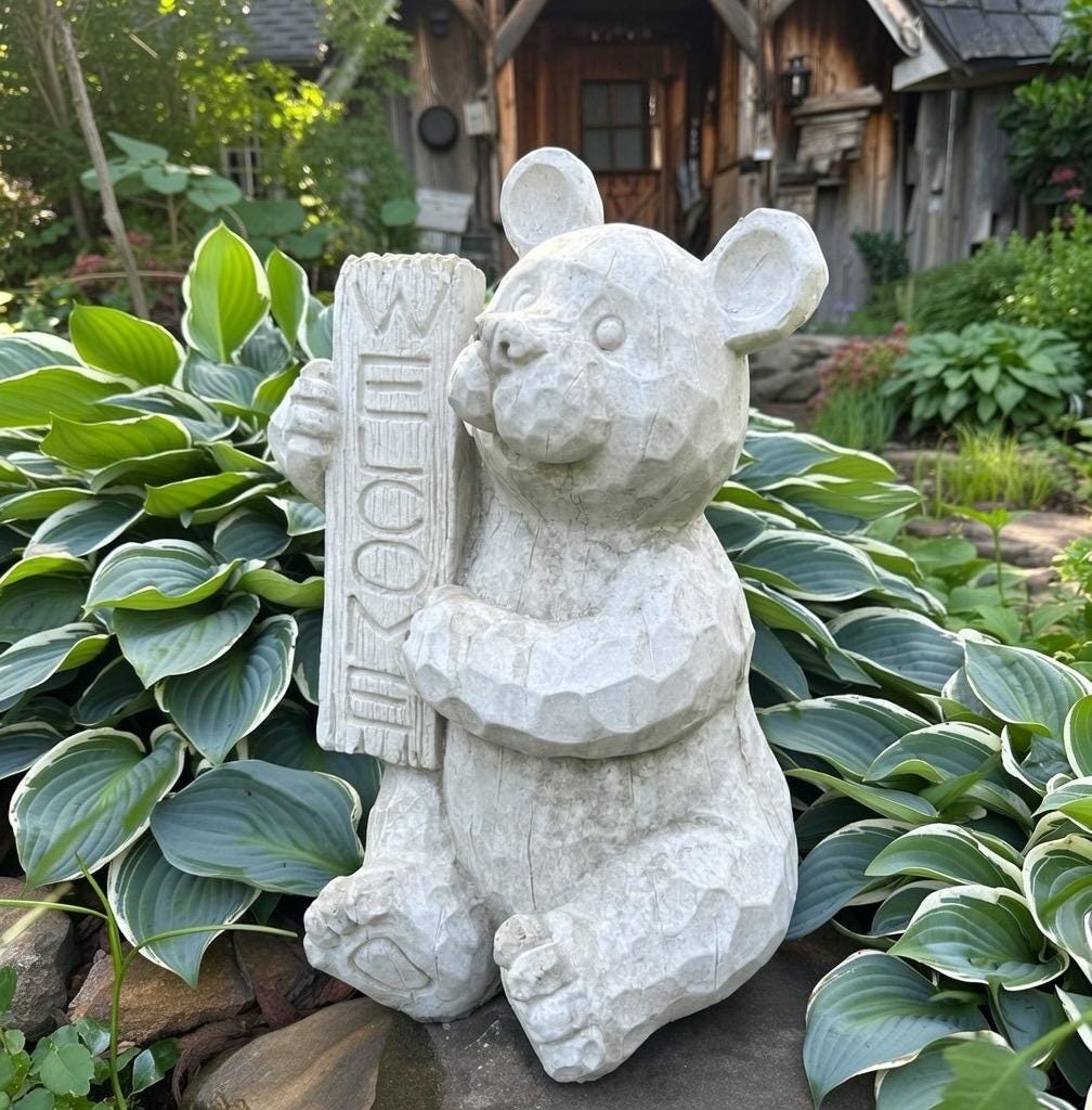 Concrete Garden Bear Statue with Welcome Sign 12 Inch Sitting Sculpture Yard Decor Lawn Ornament Animal Art Gift