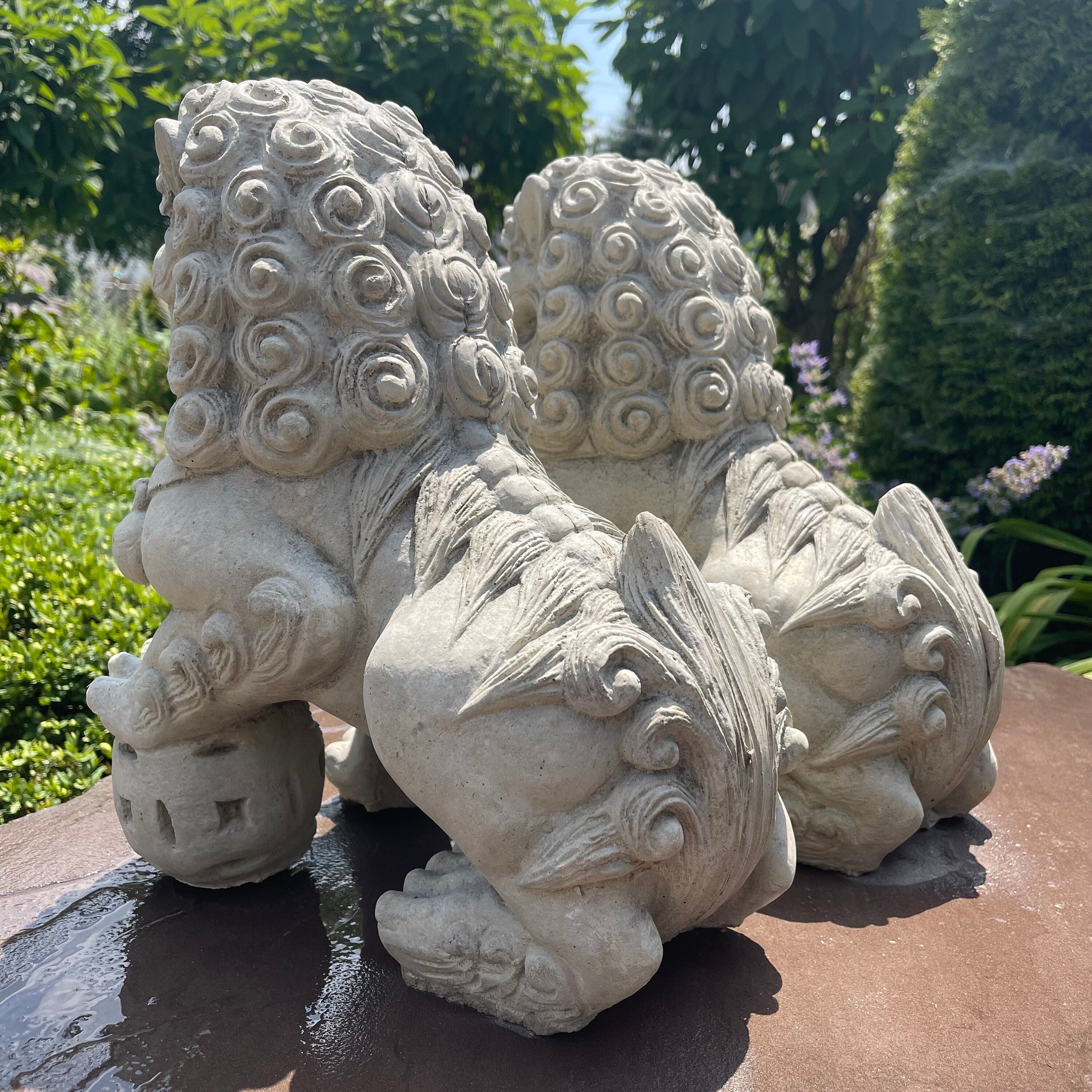 Concrete Foo Dog Statue Pair 14" Male Female Feng Shui Garden Guardians Outdoor Yard Protection Decor