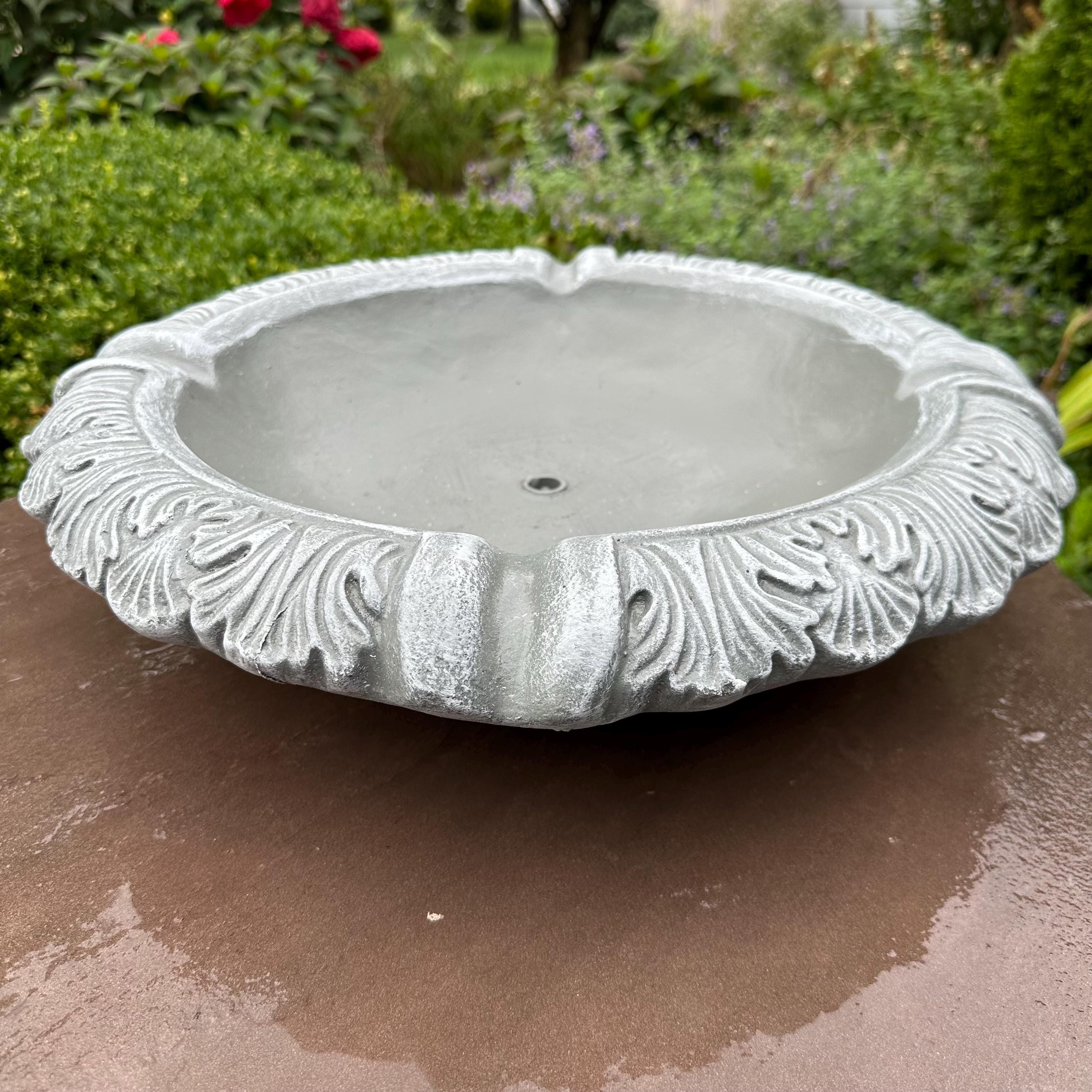 Concrete Fountain Bowl Top: 19" Leafy Garden Water Feature, Painted Cement Topper