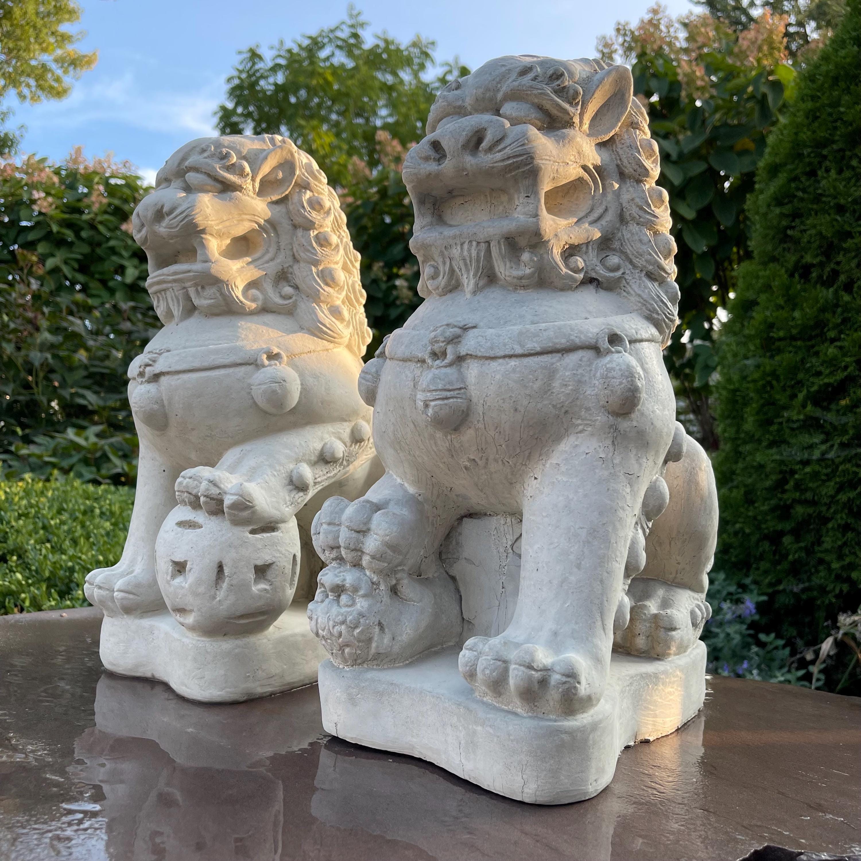 15.5 Concrete Foo Dog Statue Pair Male Female Feng Shui Garden Guardians Protection Outdoor Decor