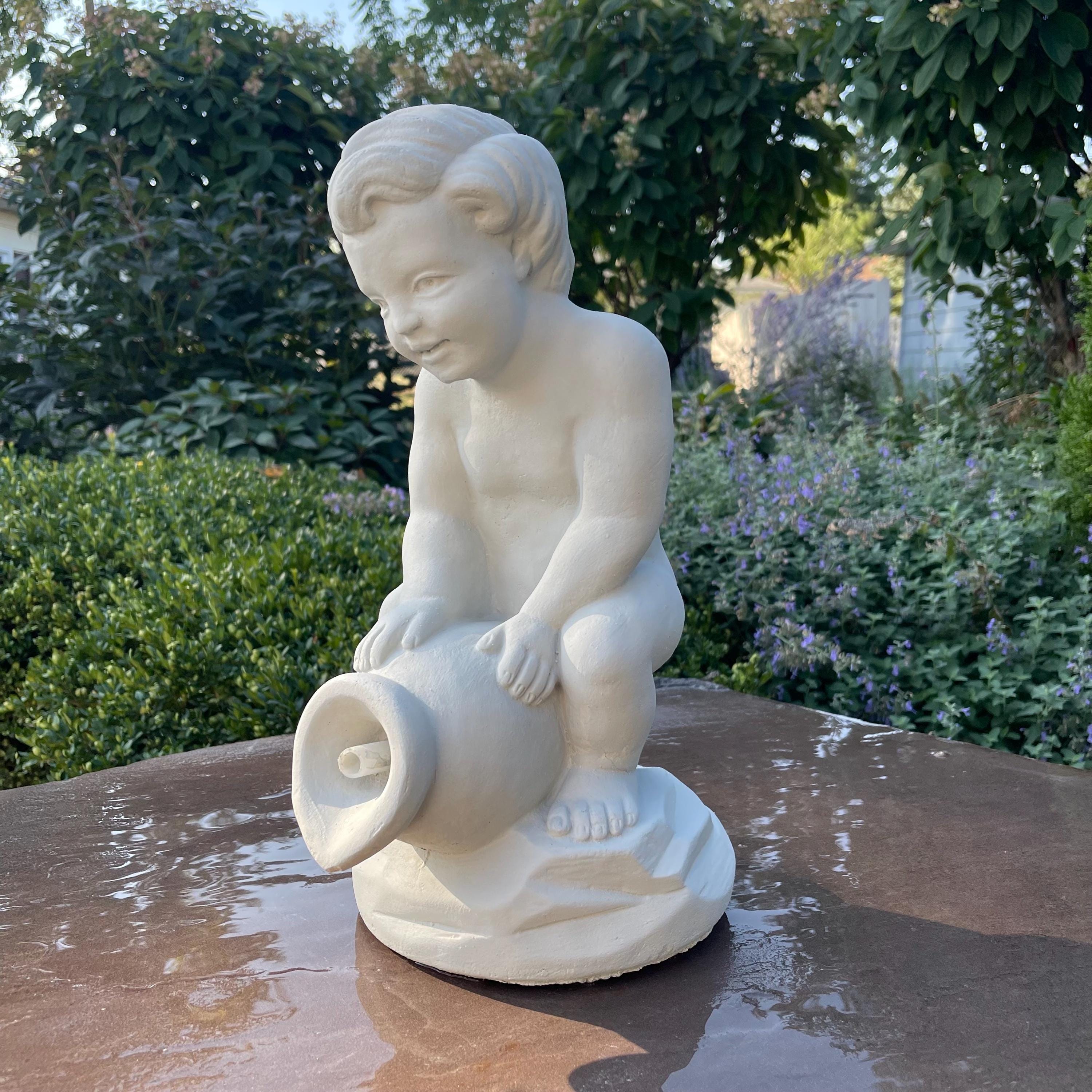 Concrete Boy on Jar Fountain Spitter 15" Outdoor Garden Statue Pond Spout Water Featureq