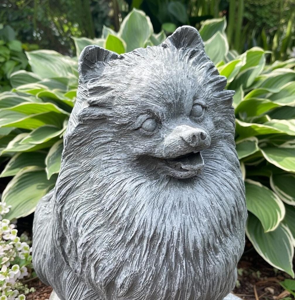 Handmade Painted Concrete Pomeranian Dog Statue Garden Memorial Sculpture Yard Art Ornament Pet Gift