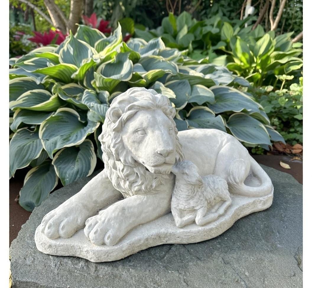 Biblical Lion Lamb Concrete Statue 15" Garden Sculpture Outdoor Religious Yard Decor Art