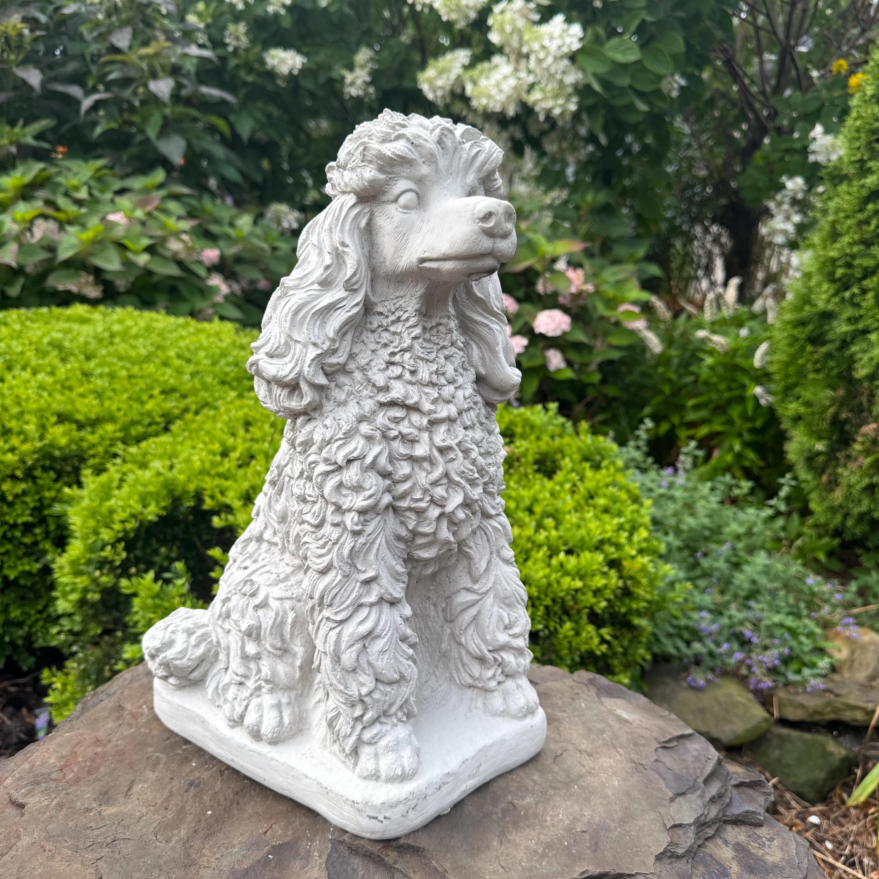 Handcrafted Concrete Poodle Garden Memorial Statue, 15 Inch Dog Sculpture