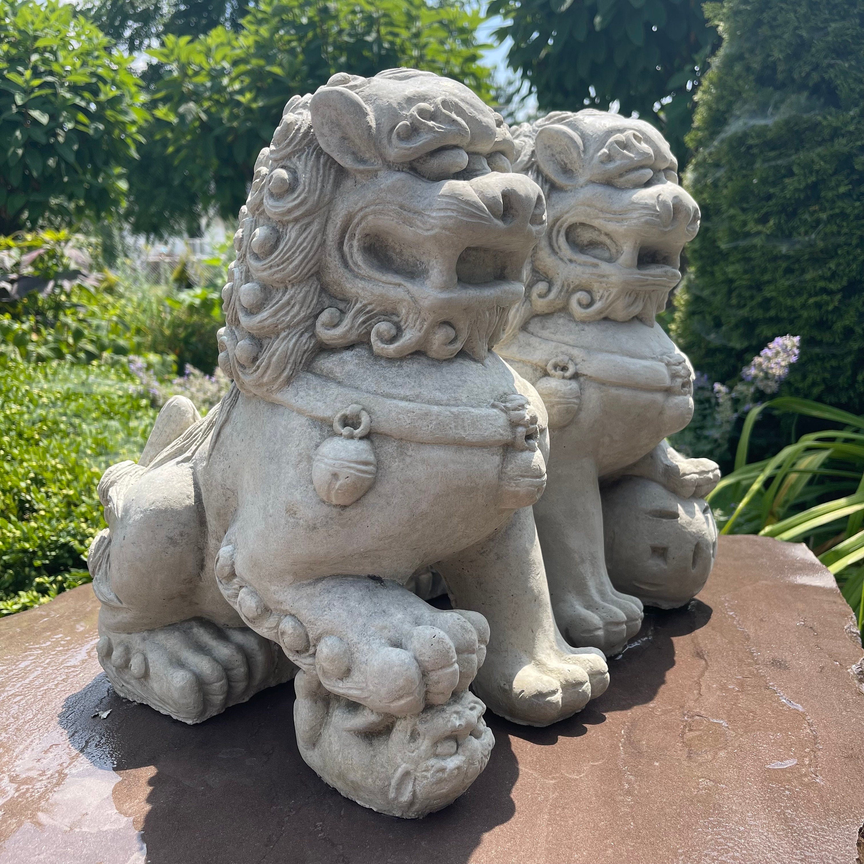 Concrete Foo Dog Statue Pair 14" Male Female Feng Shui Garden Guardians Outdoor Yard Protection Decor