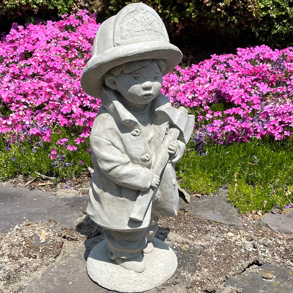 18 Inch Concrete Fireman Garden Statue - Fire Boy Sculpture Yard Art Decor Lawn Ornament Firefighter Gift