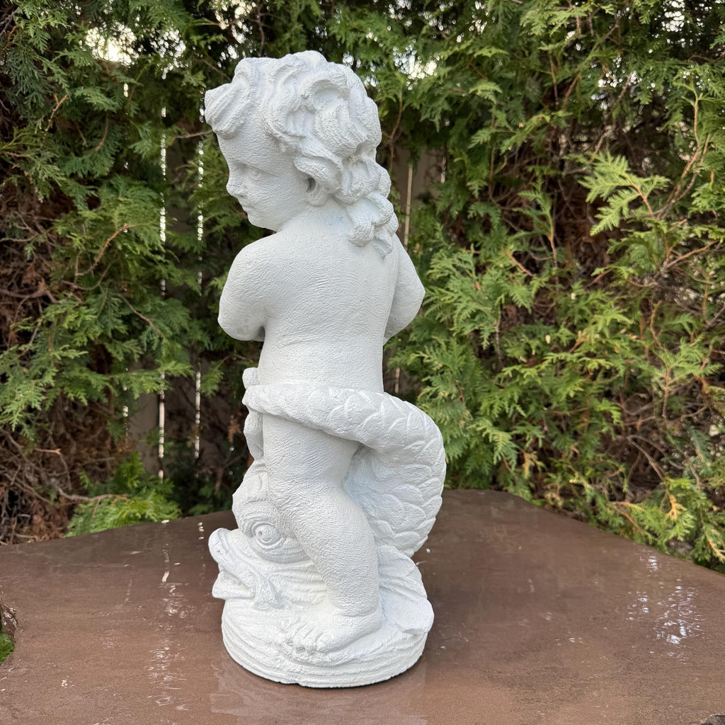 20" Concrete Boy Nautilus Fountain Top Outdoor Garden Pond Statue Water Spitter Topper