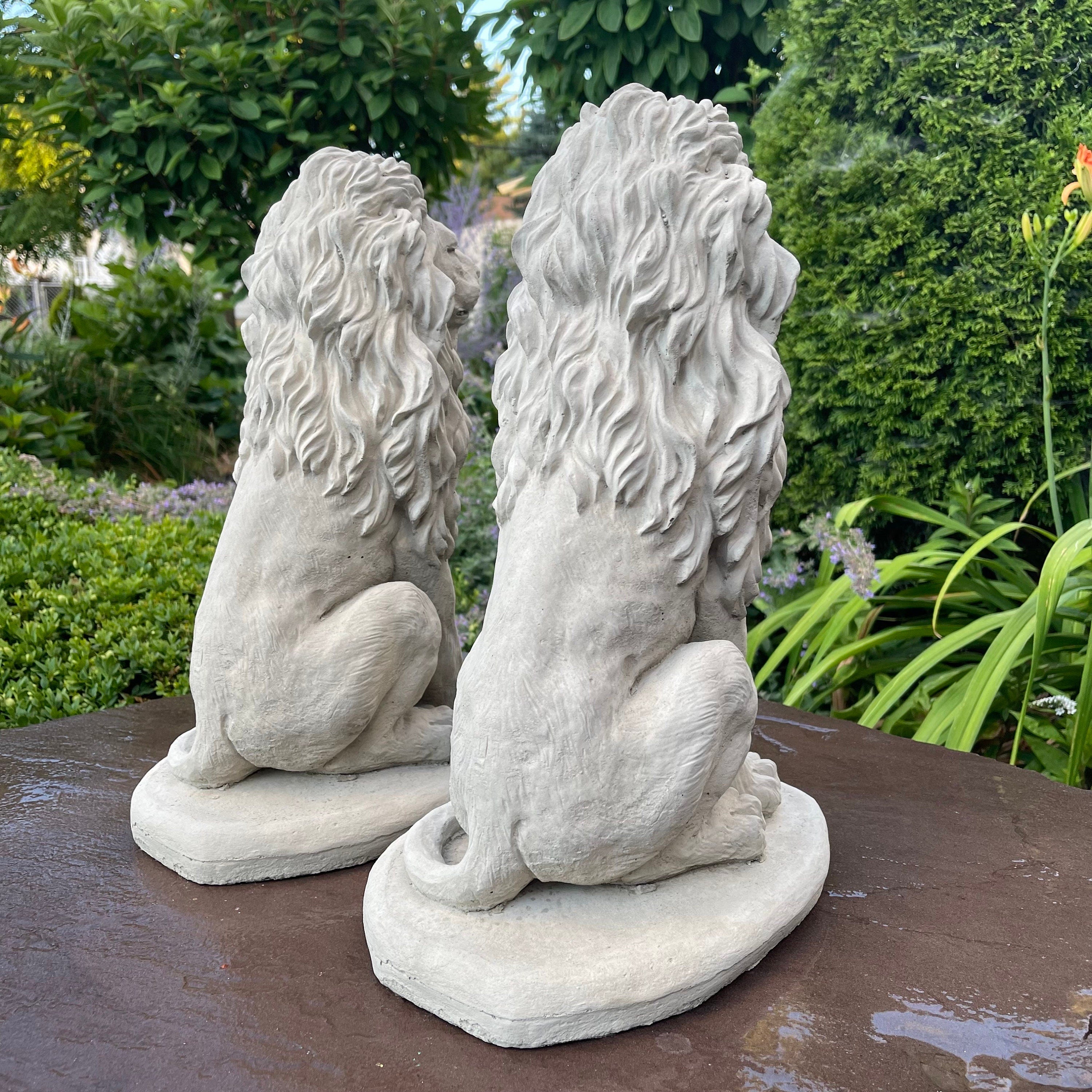 Concrete Lion Statues 16.5 Inch Garden Guardians Matched Pair Cement Sculptures Yard Decor Outdoor Ornaments