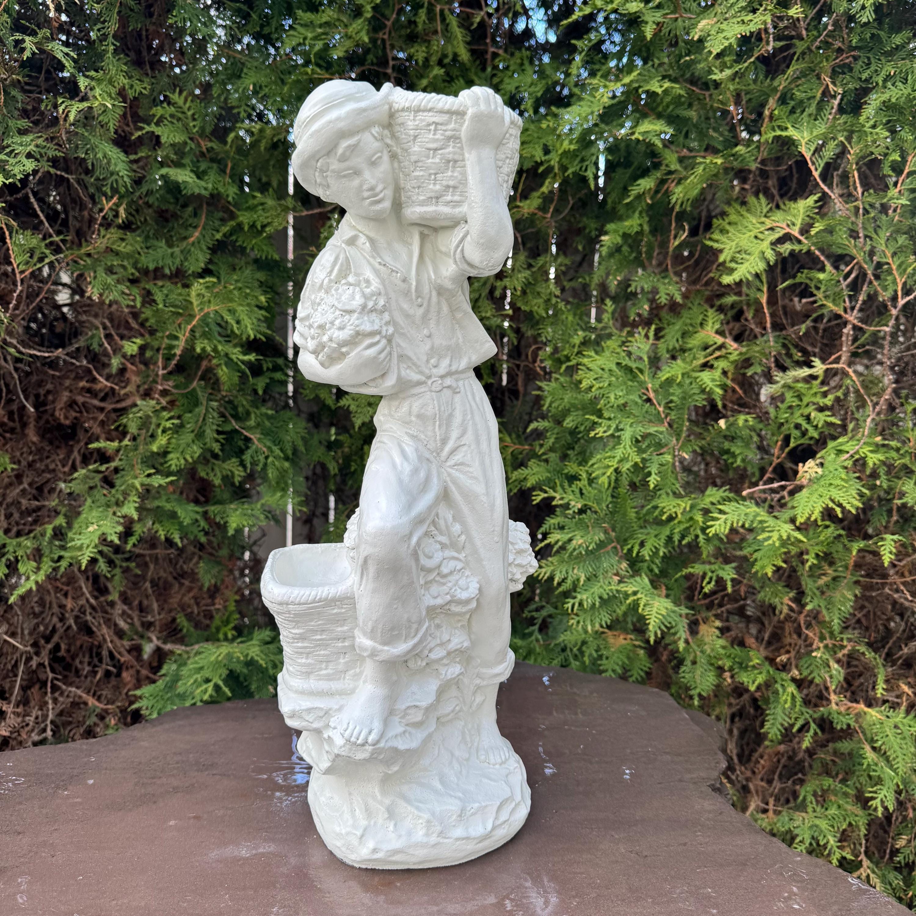 21" Italian Concrete Man Garden Statue: European Style Cement Lawn Ornament Classical Mediterranean Roman Decor