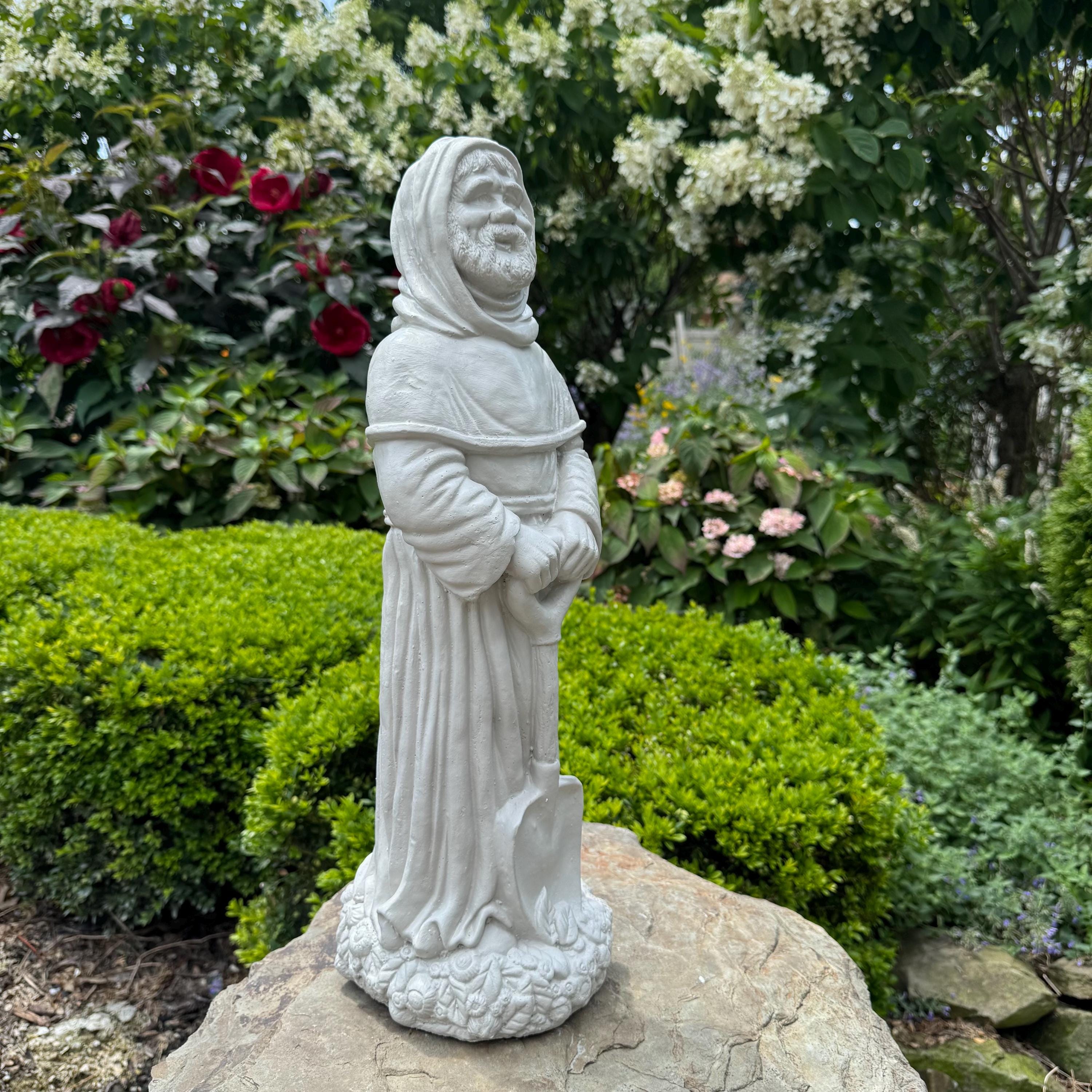 Saint Fiacre 22" Concrete Garden Statue - Patron of Gardeners Religious Catholic Sculpture Yard Art Gift