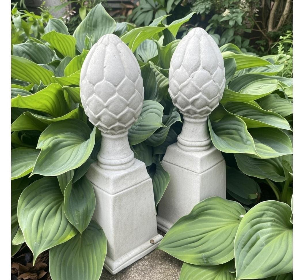 Artichoke Finial Statues Set of 2: 14" Concrete Garden Sculptures for Yard Decor & Landscaping