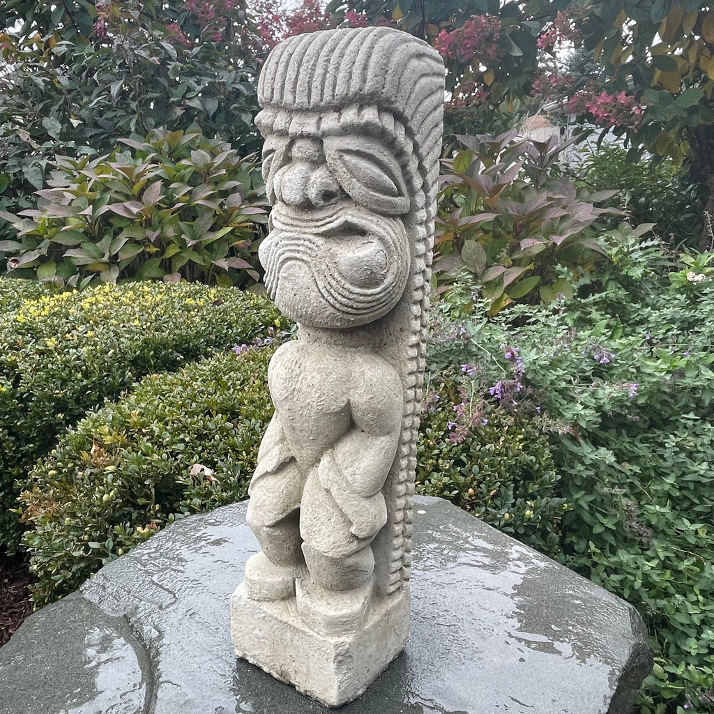 Tiki Garden Statue 15.5" Carved Concrete Polynesian Totem Pole Patio Bar Decor Yard Art Lawn Ornament Sculpture