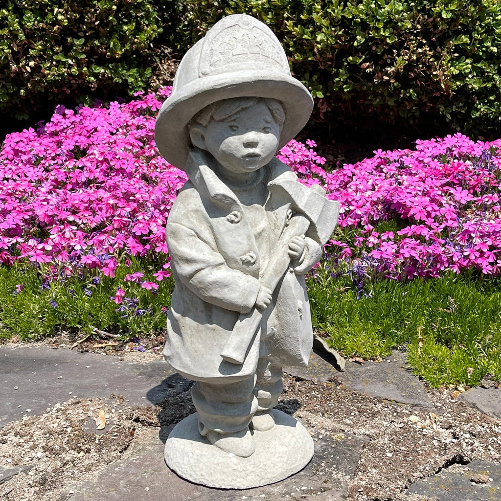 18 Inch Concrete Fireman Garden Statue - Fire Boy Sculpture Yard Art Decor Lawn Ornament Firefighter Gift