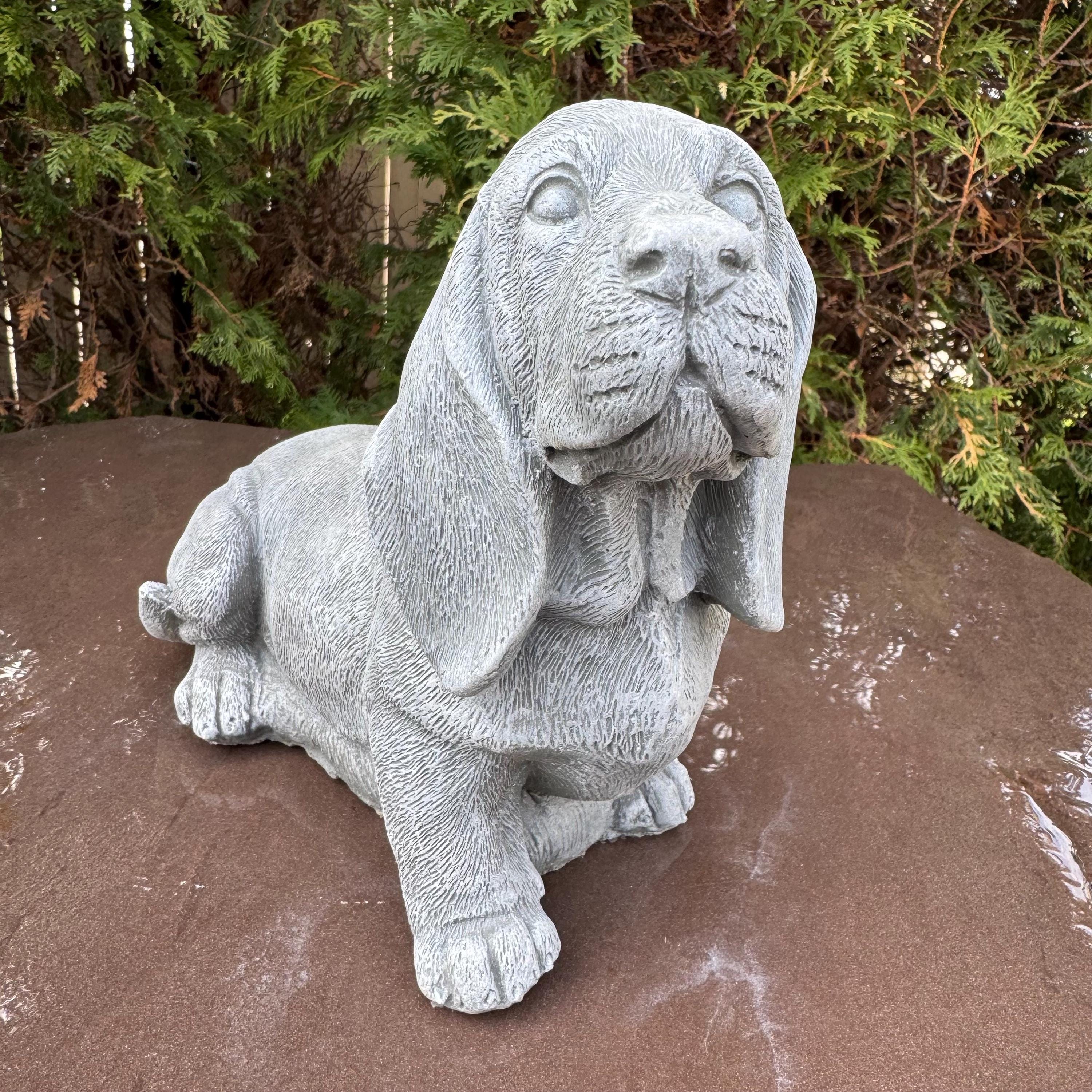 Concrete Basset Hound Memorial Garden Statue 10" Painted Outdoor Pet Remembrance Figurine for Dog Lovers Yard Decor