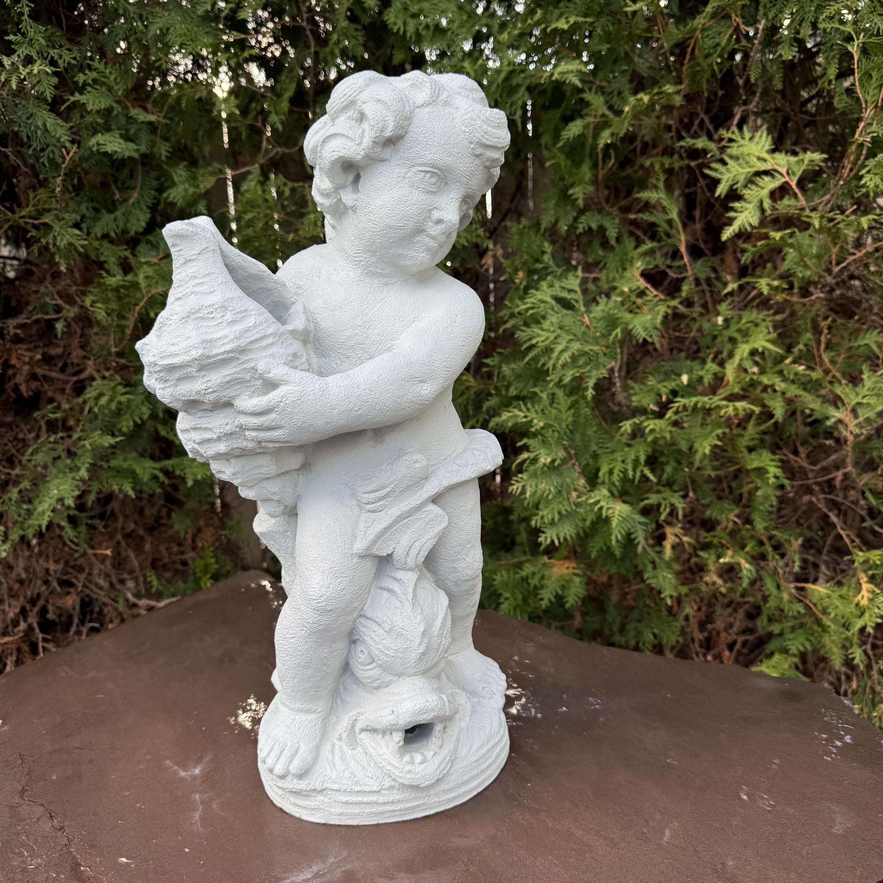 20" Concrete Boy Nautilus Fountain Top Outdoor Garden Pond Statue Water Spitter Topper