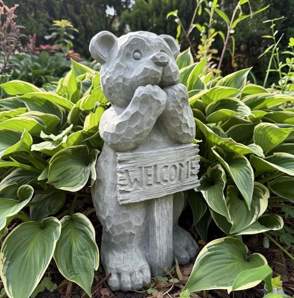 Concrete Bear Garden Statue with Welcome Sign - 17" Outdoor Decor